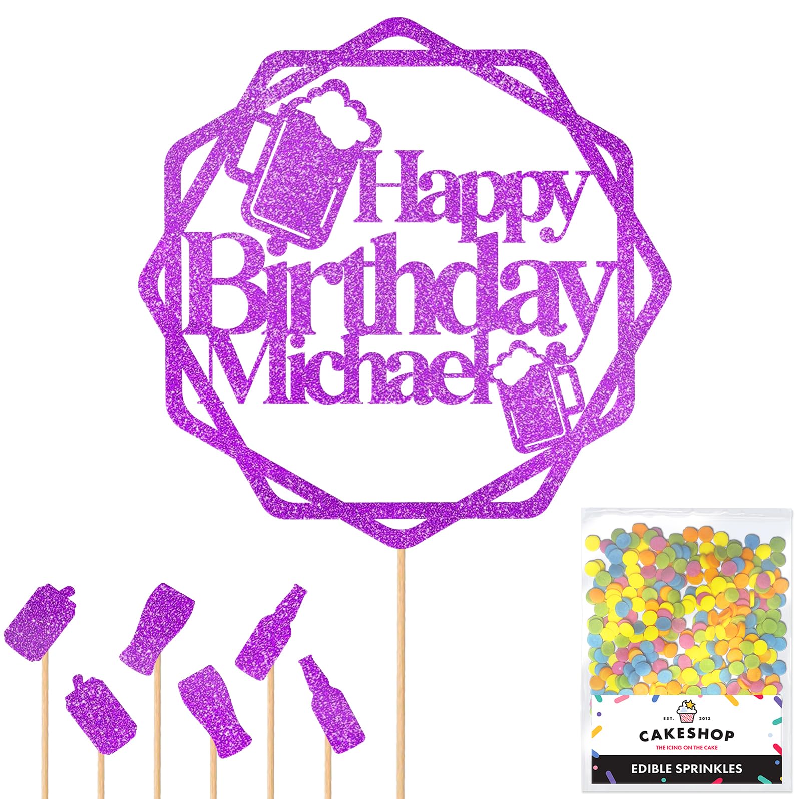 Personalised Cheers Lager Ale Beer Glitter Cake Topper - Purple Custom Age Glitter Cake Decoration and Sprinkles - Happy Birthday Decorations - Personalised Toppers for Cakes by Cakeshop โ image 1