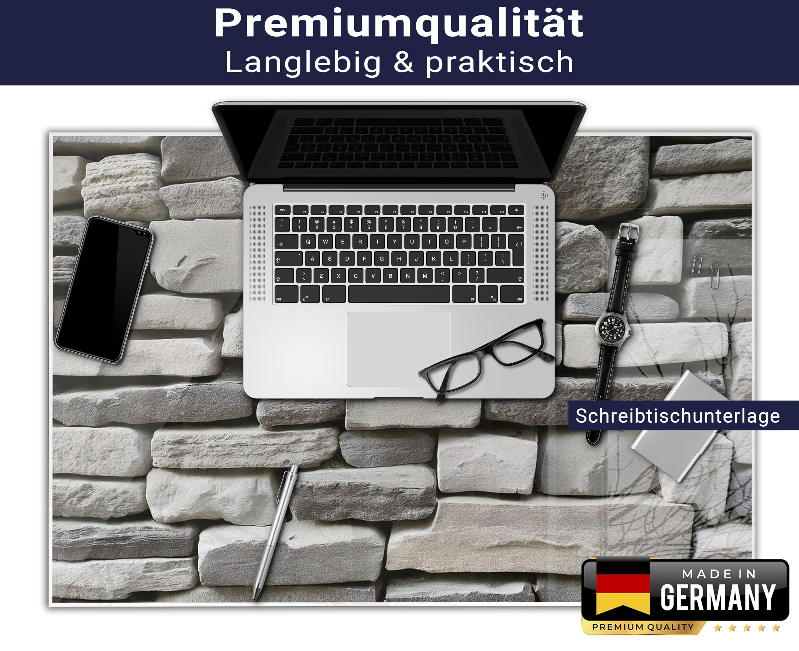XXL Schreibtischunterlage wasserfeste Schreibunterlage | 120 x 60 cm Stein grau | abwischbar, glatt | stabiles, hochwertiges Acrylglas, Erwachsene Kinder Kunststoff Unterlage Büro Schreibtisch