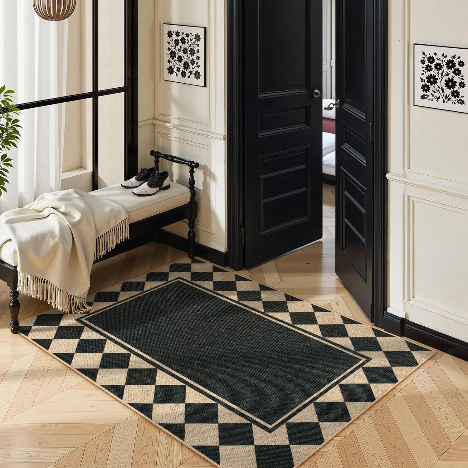 Moynesa Checkered Easy Jute Outdoor Patio Rug 3x5, Washable Indoor Outdoor Rugs for Entryway Non Slip, Farmhouse Carpet for Living Room Bedroom Kitchen Backyard Porches, Black Grid Pattern - Image 2