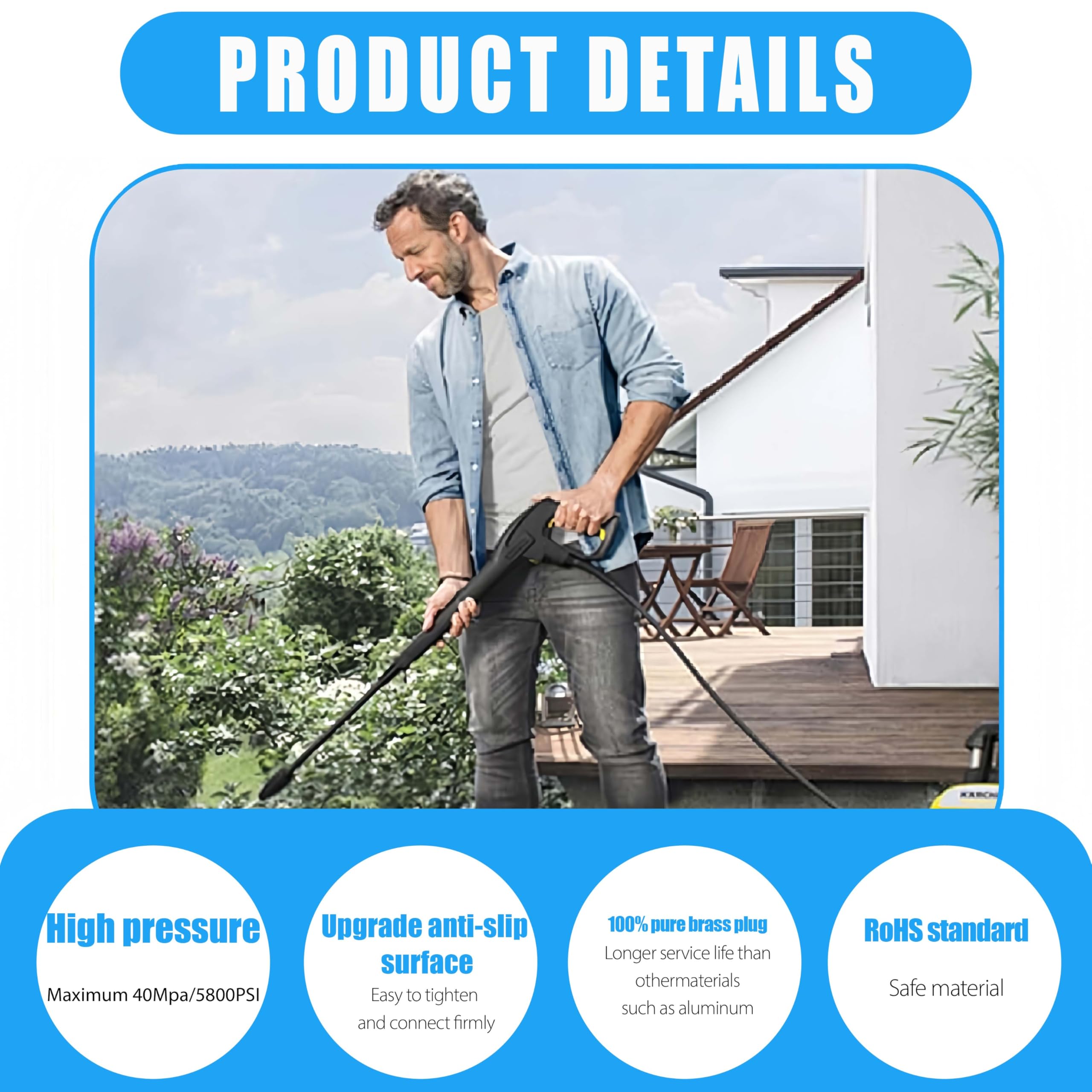 10m tuyau haute pression pour Kärcher K2 K3 K4 K5 K7, 400 Bar (5800 PSI) avec système Quick-Connect-Click, tuyau pratique de prolongation et de remplacement incl. ceinture de stockage