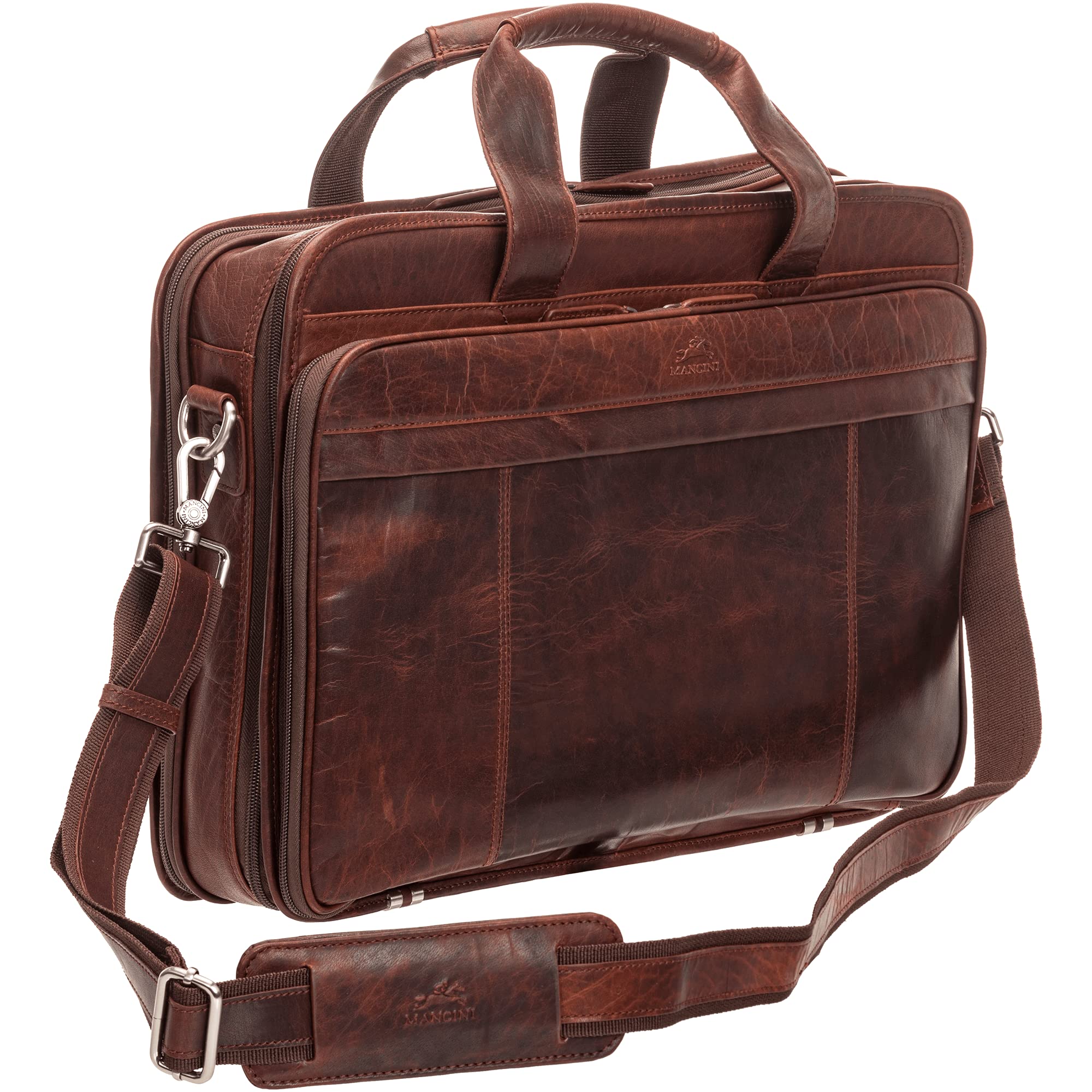 Mancini Buffalo Double Compartment Top Zipper 15.6” Laptop/Tablet Briefcase, Brown, Brown
