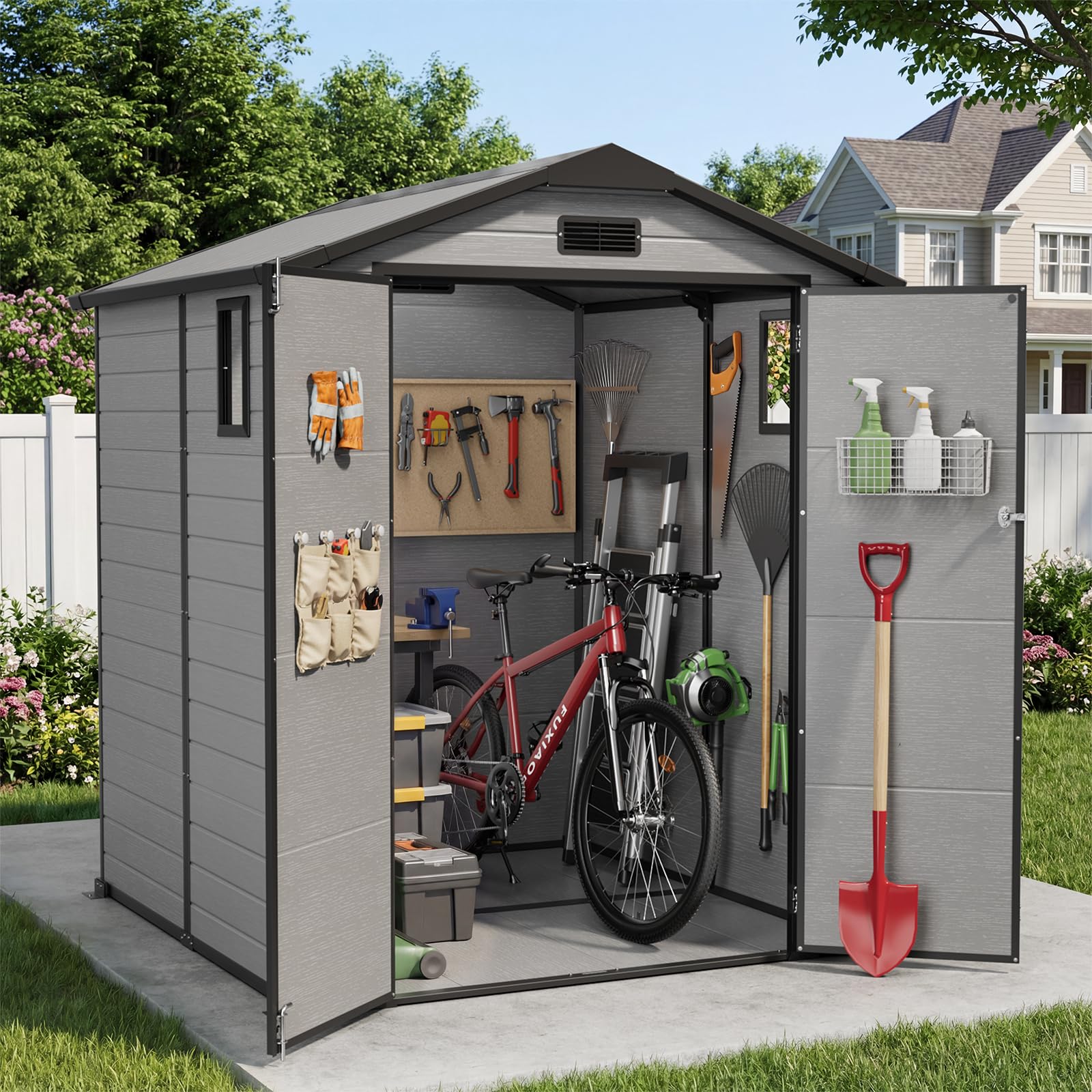 6X6FT Plastic Shed with Floor, Storage Shed with Ddrain Groove for Backyard