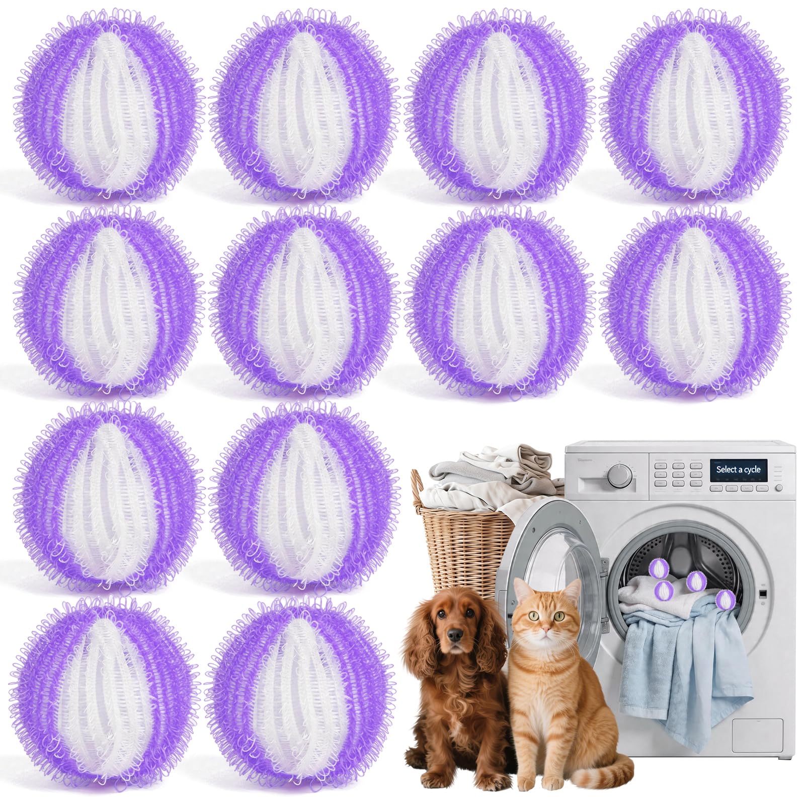 12PCS Pet Hair Remover for Laundry,Laundry Balls,Reusable Lint Catcher Washing Machines Animal Fur Clothes Hamper Hair Remover for Laundry Bedding Clothes(12, Purple and White)