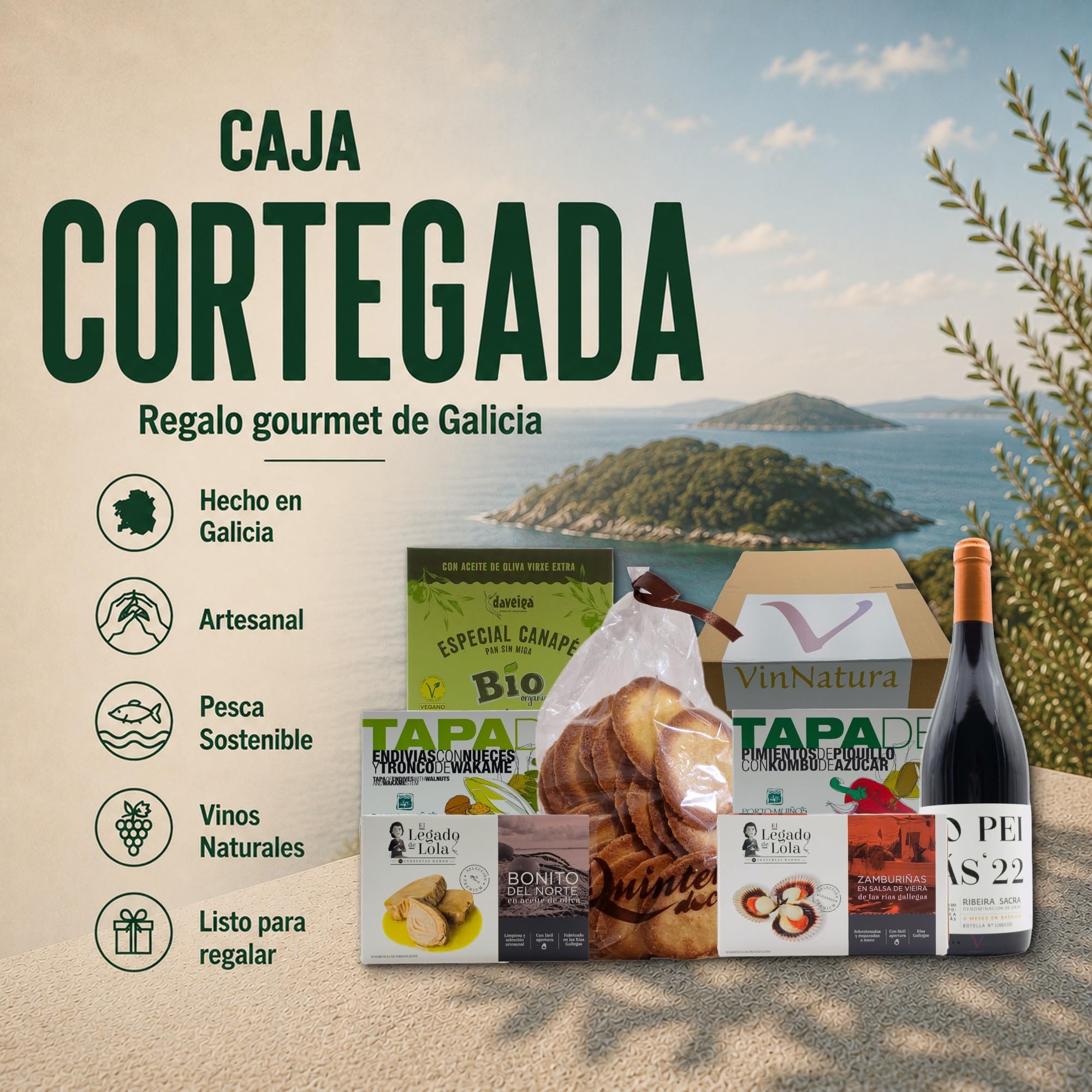 Caja Gourmet Cortegada de VinNatura con Conservas Artesanas y Vino Mencía | Regalo gourmet gallego, regalos de empresa, cesta con vino, elaboración tradicional, tarjeta personalizable