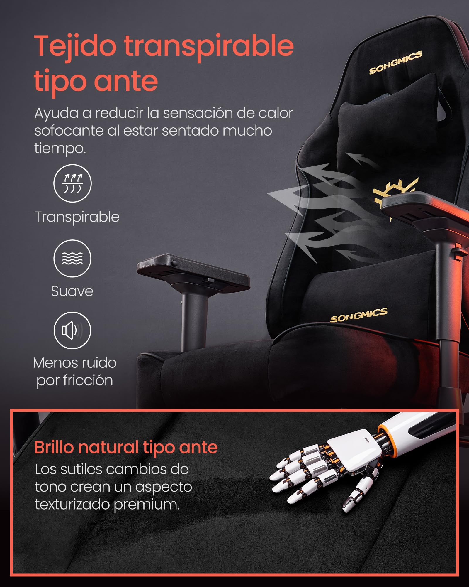 SONGMICS Silla Gaming Ergonómica de Escritorio, Tela de Ante, hasta 200 kg | Con Reposapiés, Reposabrazos 4D, Reclinable, 72 x 72 x (125-135) cm, Negro Tinta, Colección CATHY OBG095BH01