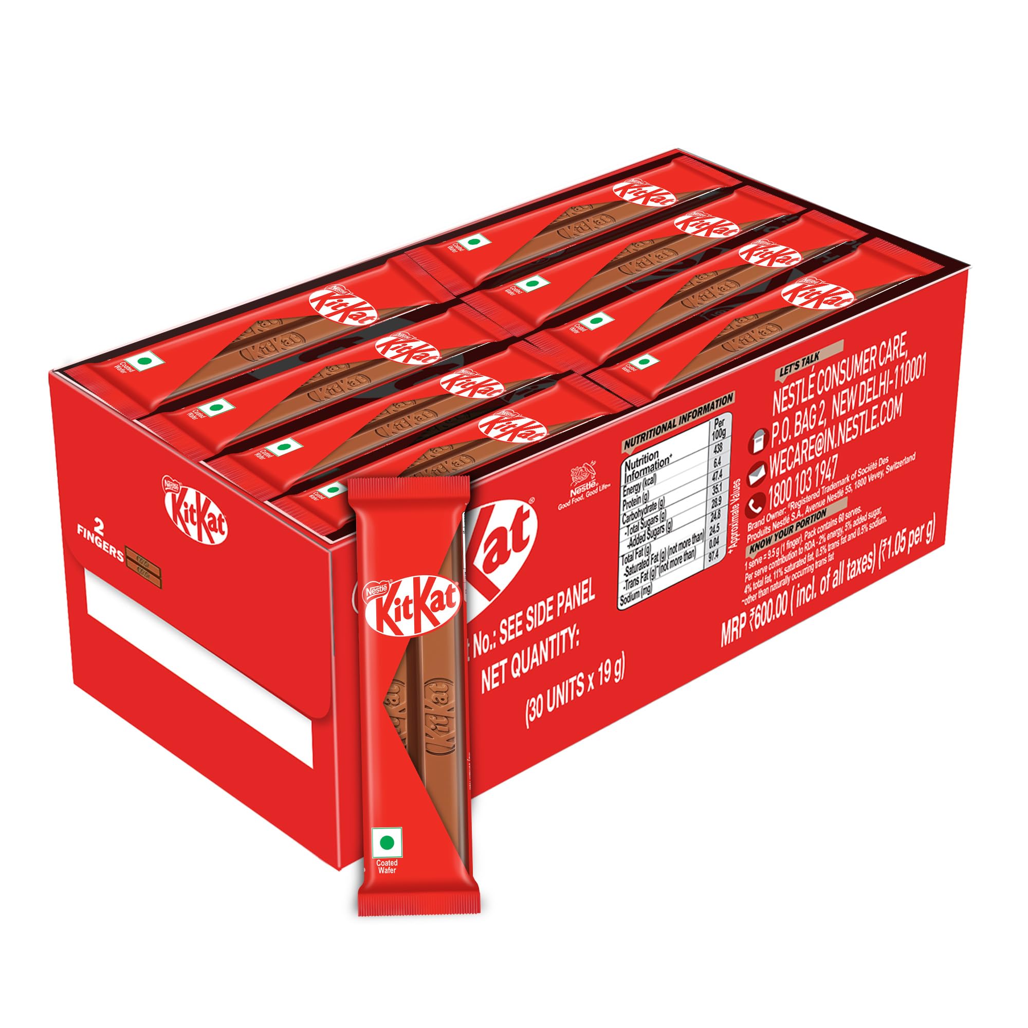 KIT KAT 2 Finger Choco Coated Wafer Bar 19g, Pack Of 30 Units, Box (Product Weight May Vary Upwards),570g