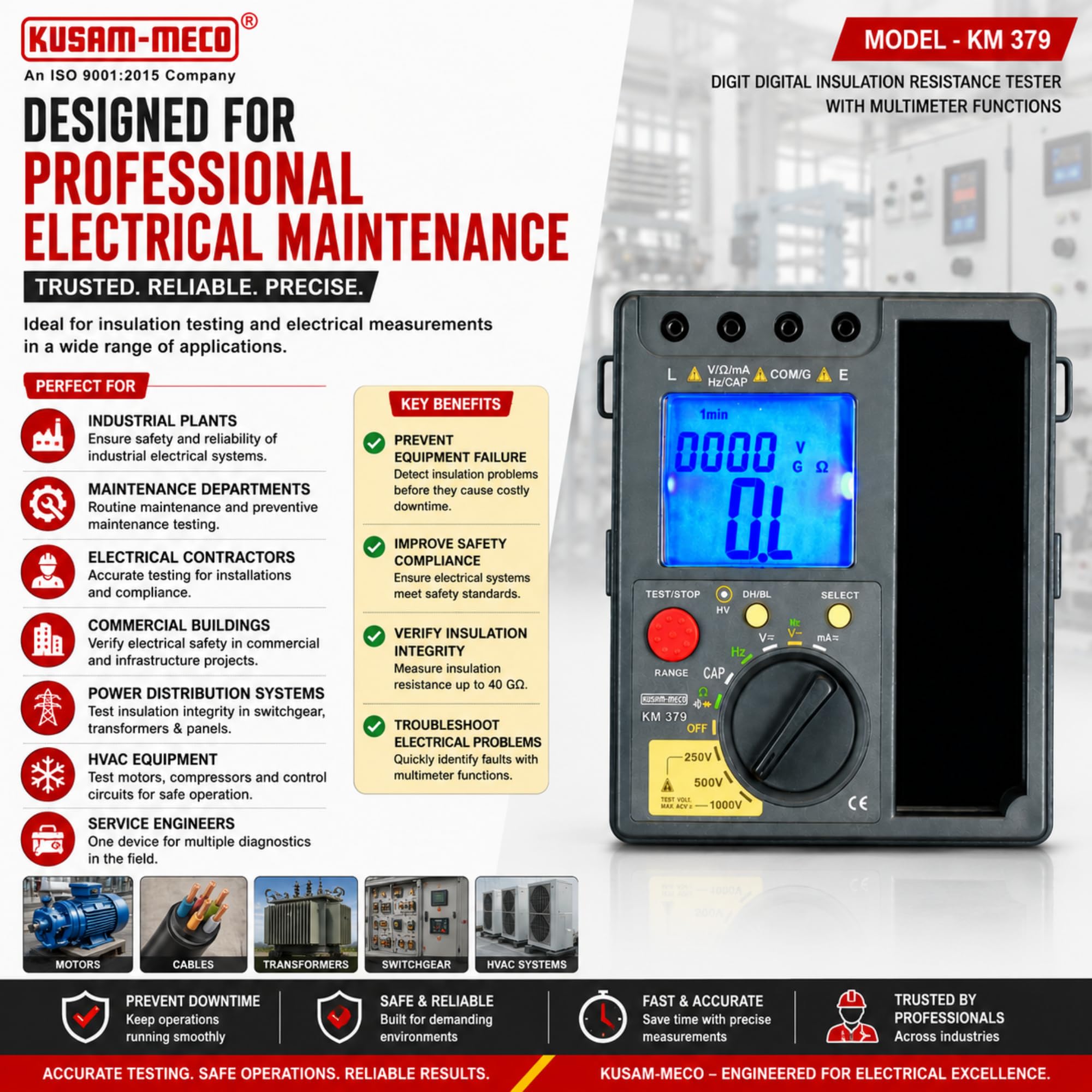 Kusam Meco KM 379 Digital Insulation Resistance Tester with Multimeter Functions, 250V/500V/1000V Test Voltage, Up to 40GΩ Measurement, AC/DC Voltage, Resistance, Frequency, 1 Year Warranty 2