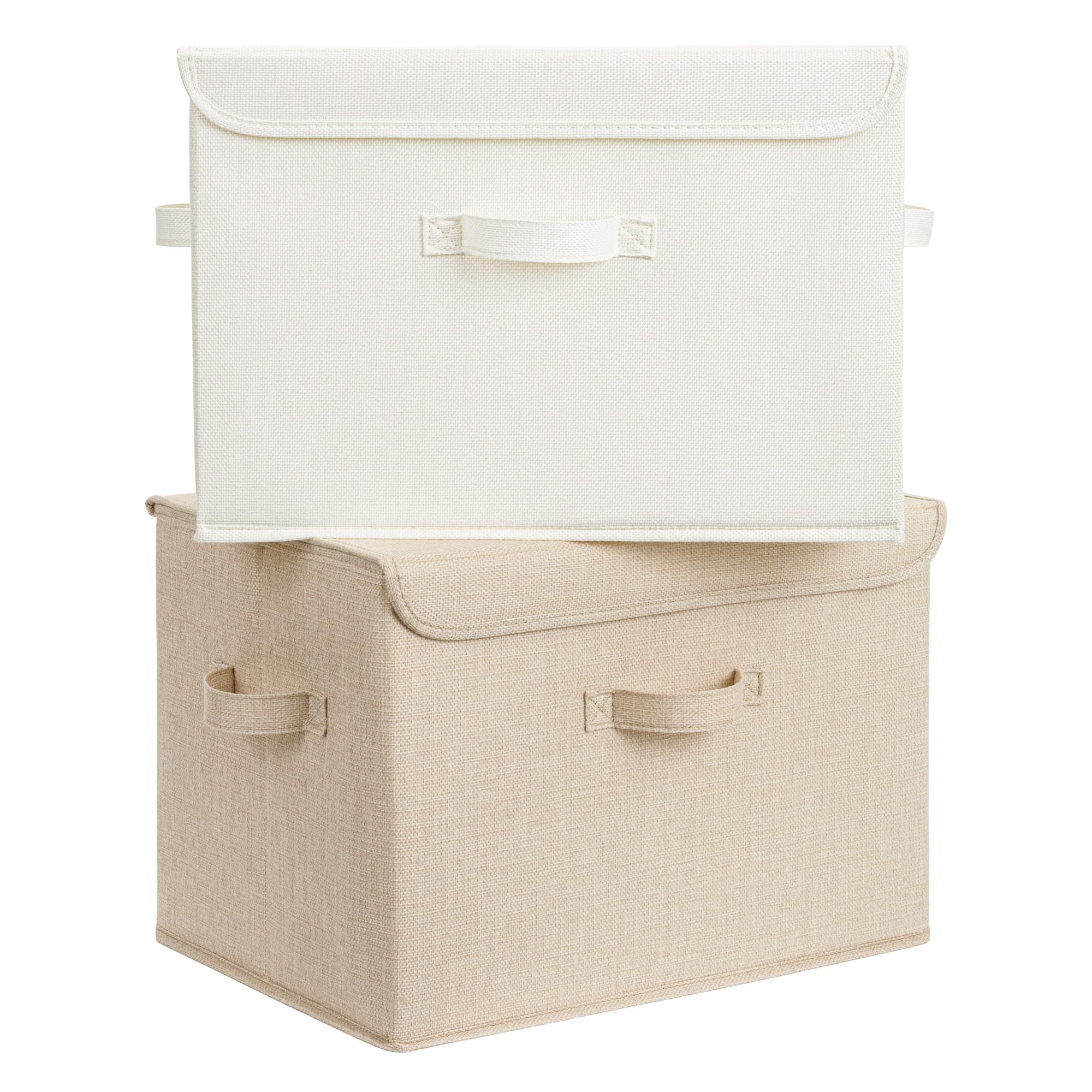 GRANNY SAYS Wardrobe Storage Boxes with Lid, Pack of 2 Collapsible Storage Boxes Lidded, Fabric Baskets for Shelves Organising Clothes, Top of Wardrobe Organisation, White and Khaki, 43 x 30 x 29 cm — image 1