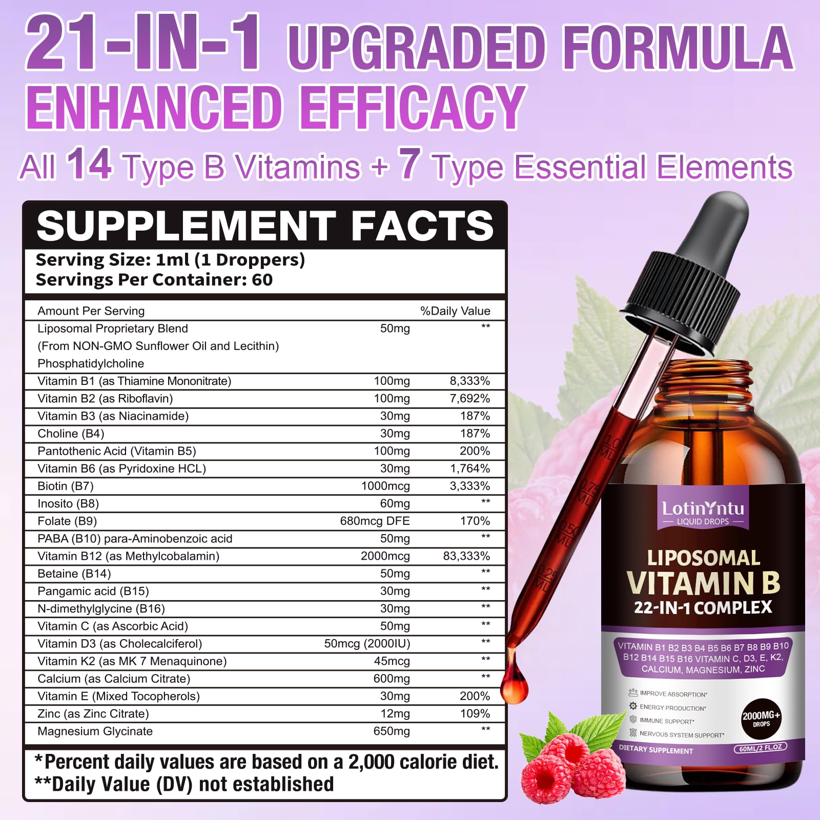 2 Pack 22-in-1 Vitamin B Complex 2000MG Sublingual Liquid Drops, B1,B2,B3,B5,B6,B7,B8, B9,B10,B12 Methylcobalamin, B14, B15, B16, Vitamin C, D3,K2, Maximize Absorption, Immune & Energy Metabolism — Amazon image 2