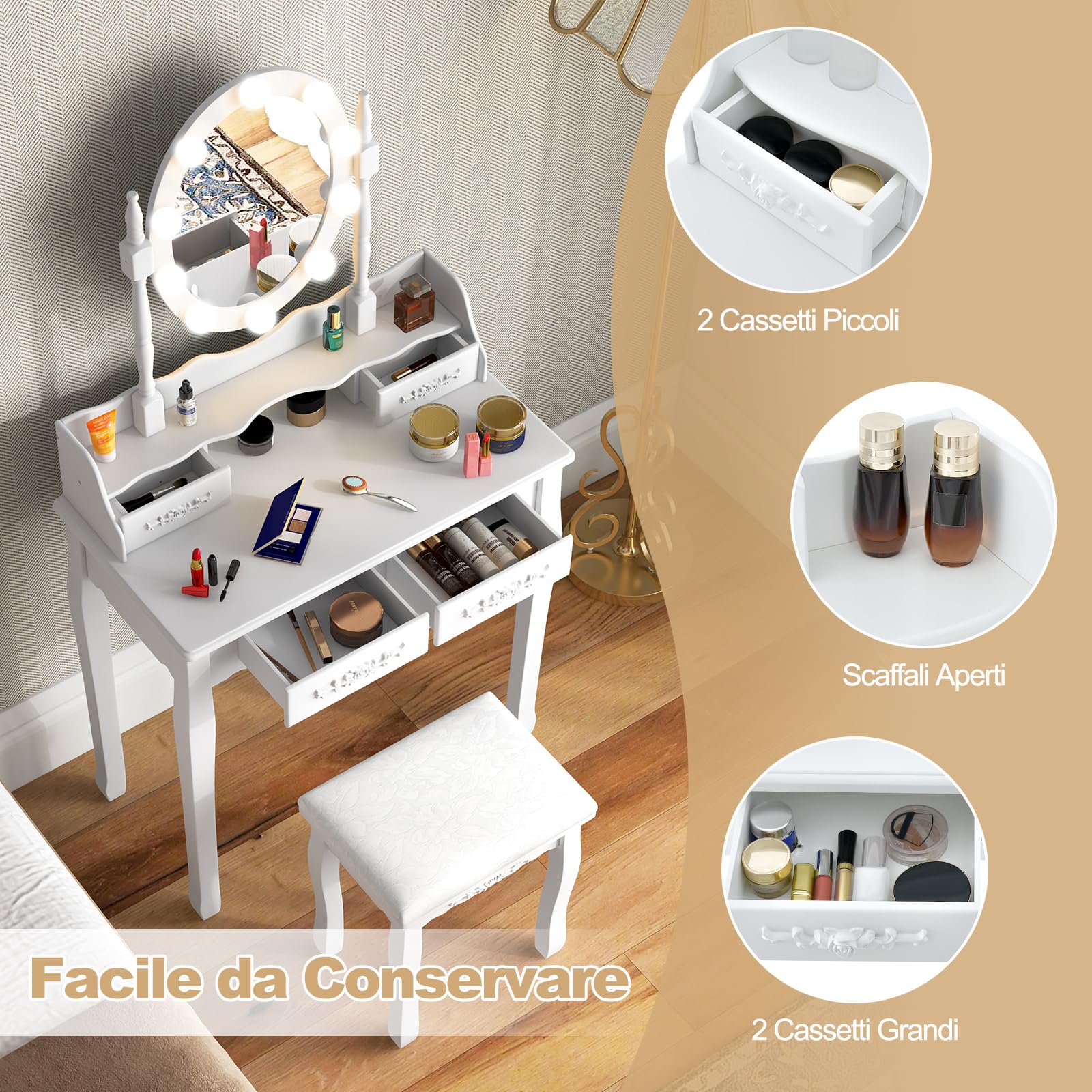 COSTWAY Toeletta da Trucco con 10 Luci LED, Set Tavolo da Trucco con 4 Cassetti e Sgabello, Specchio Girevole 360°, Consolle Toeletta per Soggiorno Camera da Letto, 75 x 40 x 145 cm (Bianco)