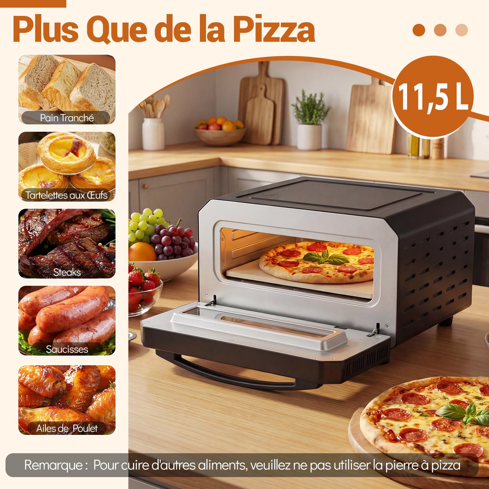 COSTW Four à pizza électrique, 1700W, Four de Comptoir avec 6 Programmes, pour Pizzas de 32 cm, Minuterie de 1 à 60 Minutes, Jusqu'à 400℃, Machine à Pizza avec Pierre à Pizza & Roulette à Pizza