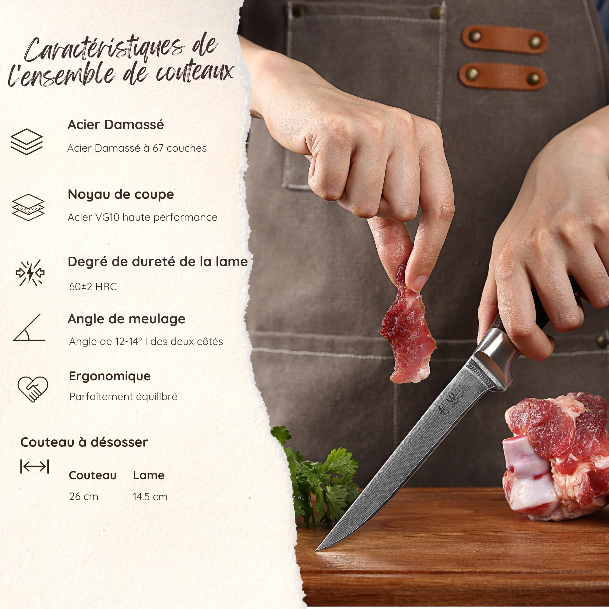 WAKOLI Edib Couteau à désosser en Damas I Lame tranchante de 14,5 cm en acier damassé à 67 couches avec manche en bois de pakka I Couteau de cuisine professionnel & couteau damassé