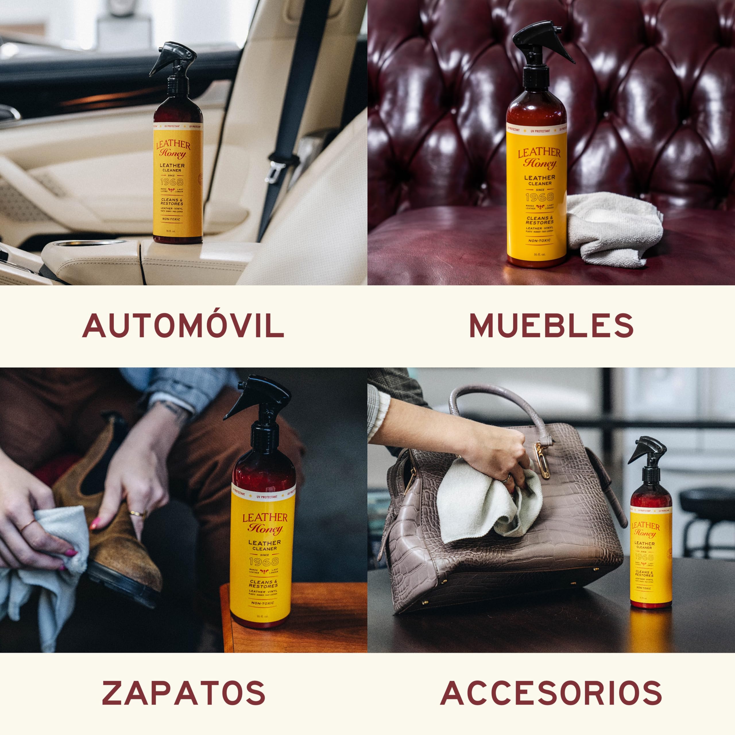 Spray limpiador Leather Honey: protector UV, no tóxico y fabricado en EE. UU. desde 1968. Limpia y protege cuero, imitación y vinilos, coches, bolsos, zapatos, etc. Seguro para cualquier color.