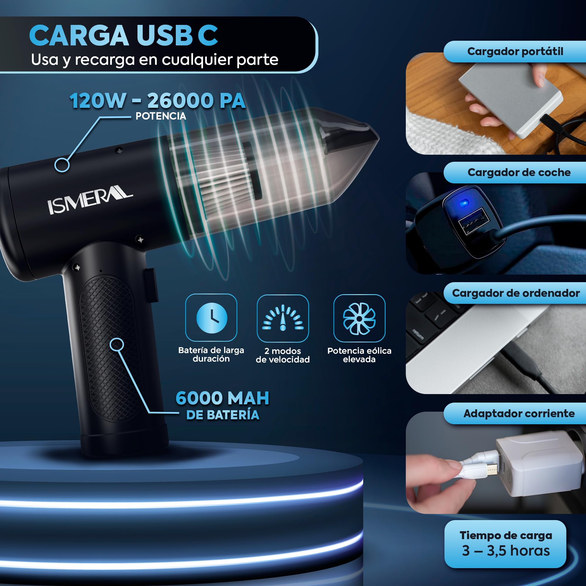 SUPER Aspirador de Mano, 26000Pa , 2 en 1 Soplador- Aspirador coche + 7 boquillas Aspiradora de Mano sin Cable , para Coche Oficina Hogar Cocina Pelo de Mascota, aspirador coche potente recargable