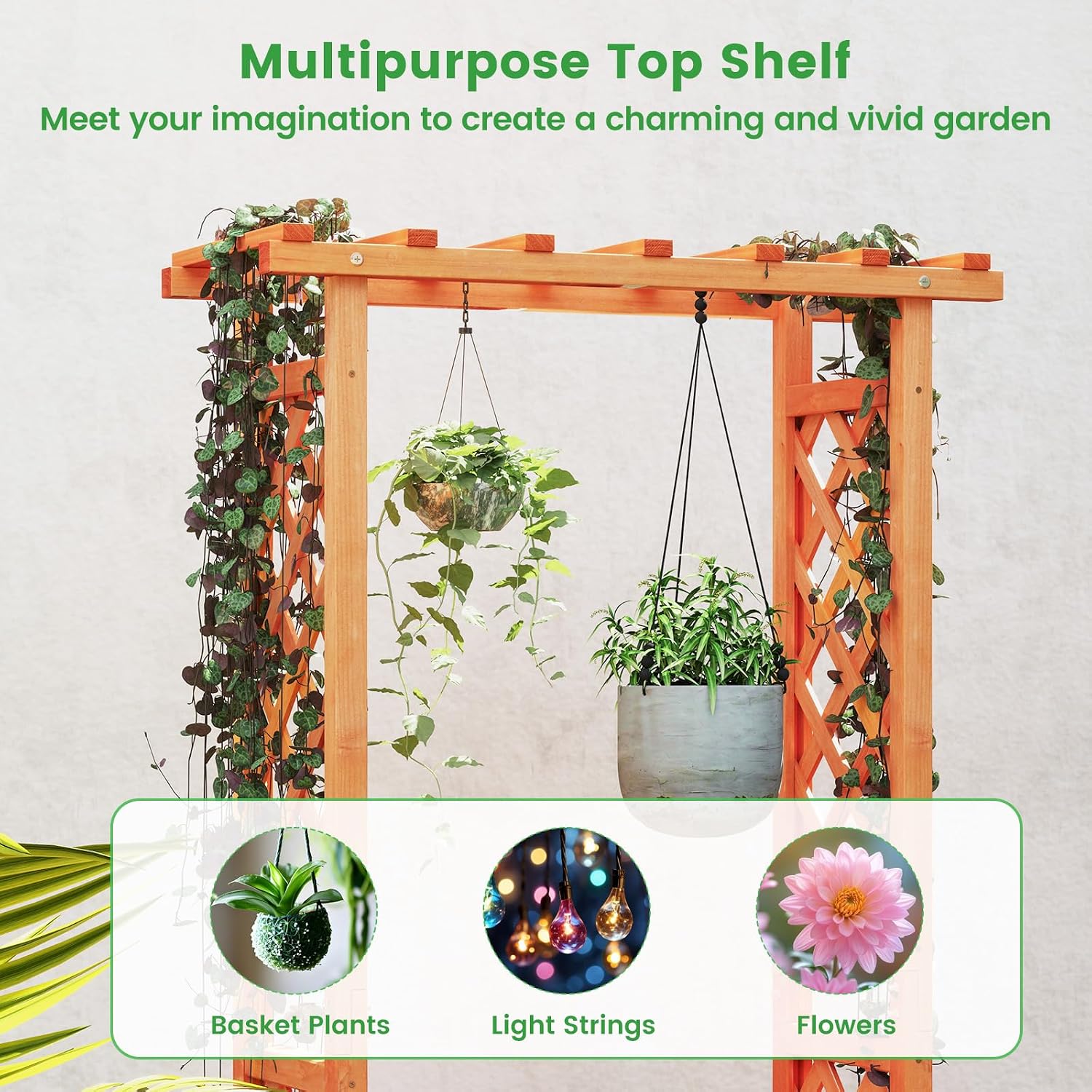 Nightcore Raised Garden Bed with Trellis, Wooden Flower Rack with Double-Sided Grid, Hanging Roof & Drainage Holes, Outdoor Garden Planter for Flowers Vegetables Climbing Vines (2)