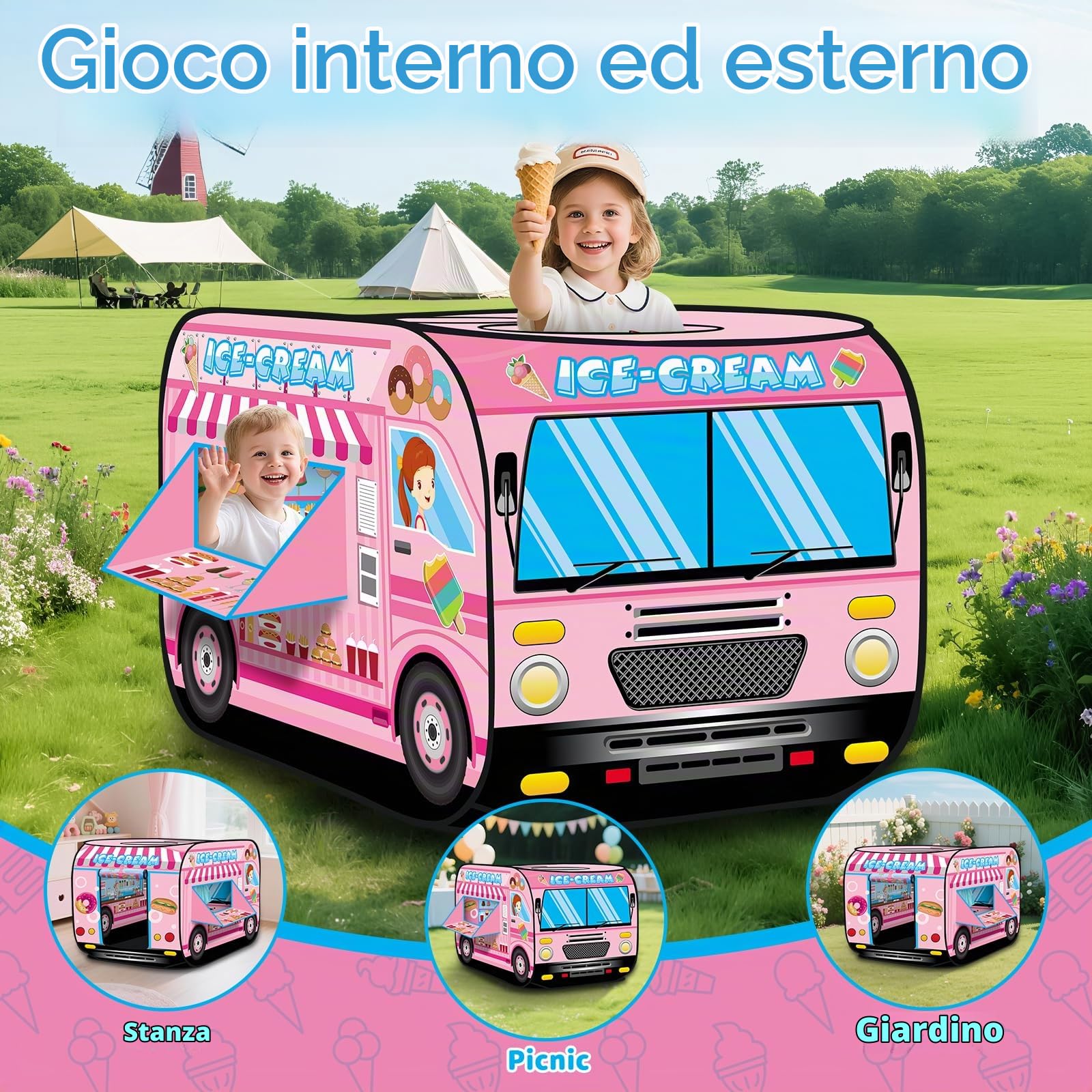 deAO Tenda da Gioco per Bambini Progettazione Pop-Up (Gelateria) | Montaggio Rapido, 2 Bambini, 3+ Anni, Interno/Esterno, Giardino/Casa, Finestre, Porta, Pieghevole, Leggera, Poliestere