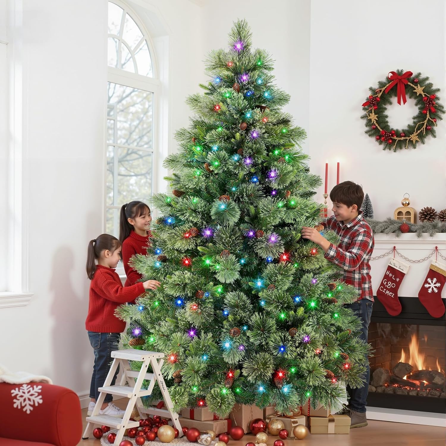 SHareconn 4ft Prelit Artificial Hinged Carolina Pine Christmas Tree with Remote Control, Upgraded Version with Pre-Lit 200 Warm White & RGB Lights, Pine Cones, Perfect Choice for Xmas Decoration, 4 FT