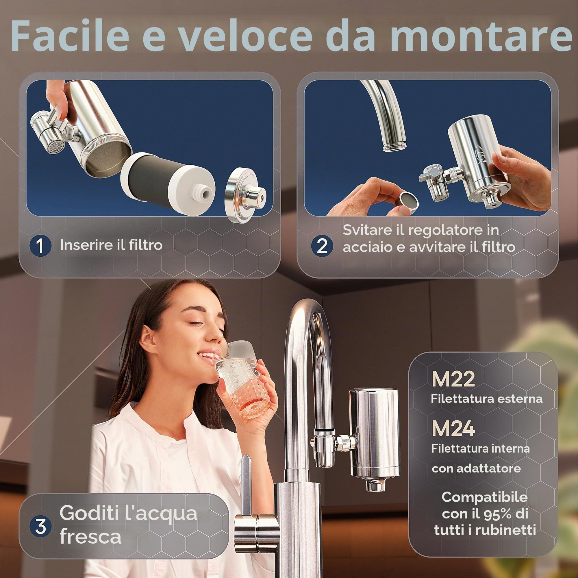 VILTARO Filtro acqua rubinetto – filtro a carbone attivo, rubinetto con cartuccia, senza BPA, in acciaio inox, facile da montare, rimuove le sostanze nocive