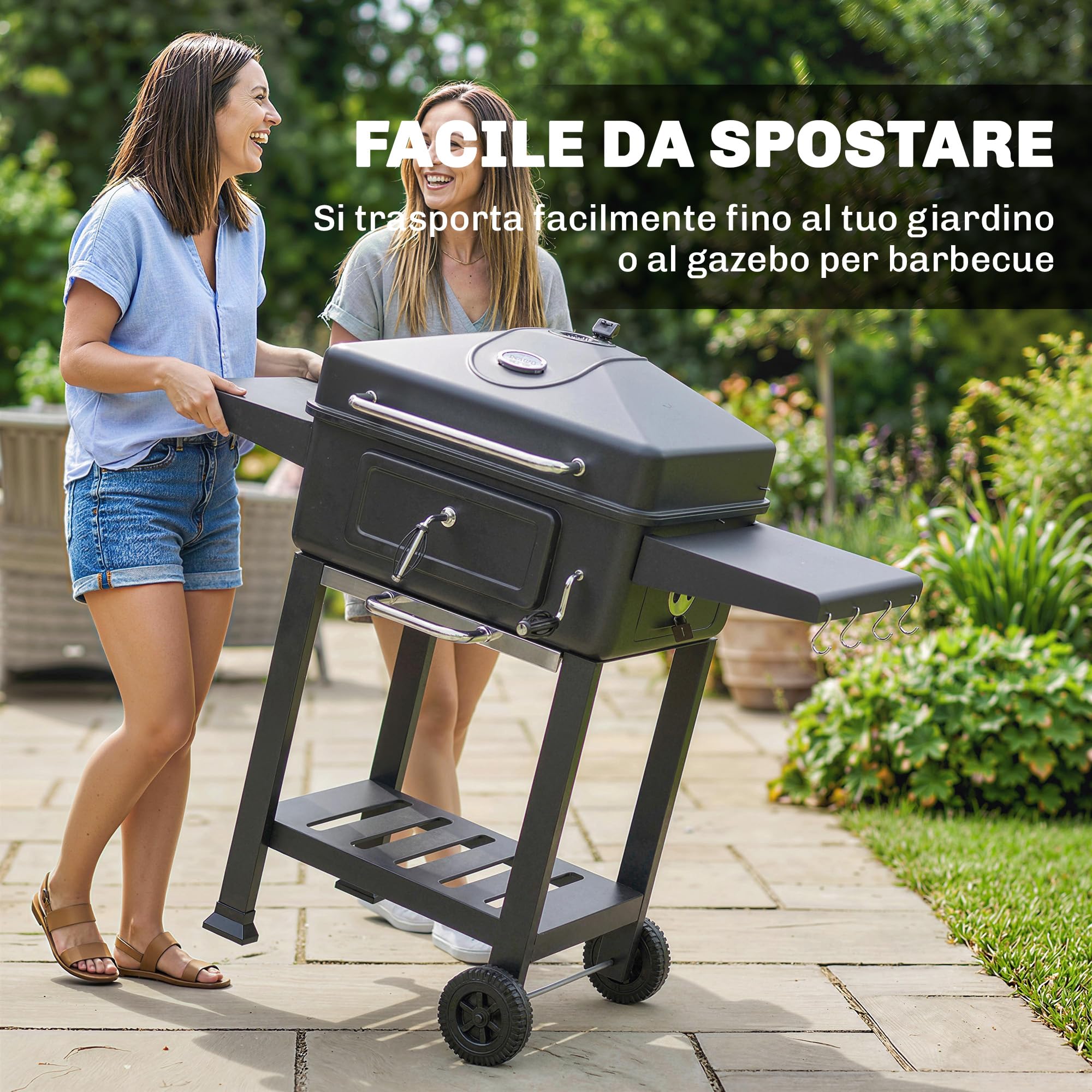 Outsunny Barbecue Carbonella Carrello BBQ Portatile con Griglia e Coperchio, Nero