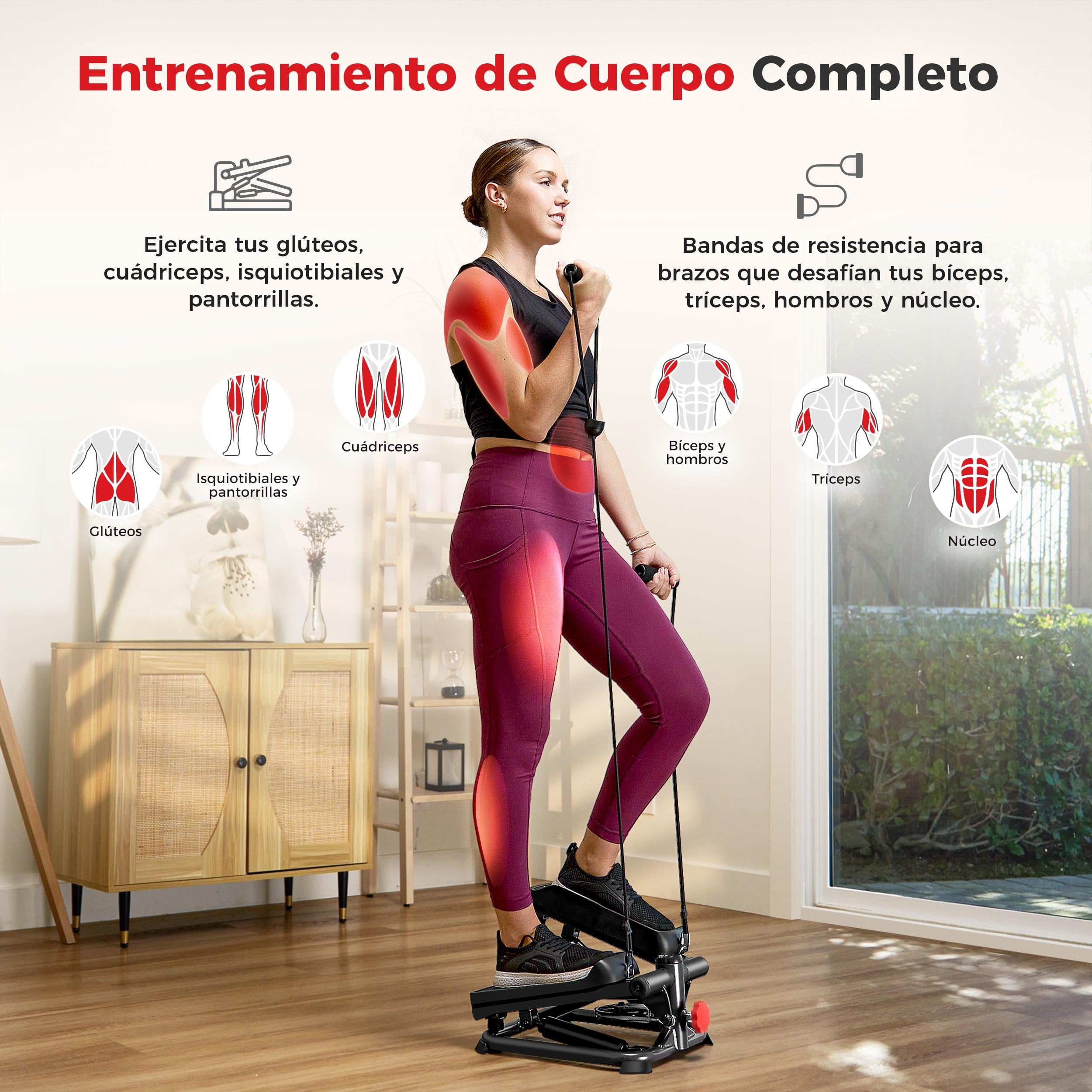 Sunny Health & Fitness Mini Steppers para Ejercicio, Escalones de Bajo Impacto, Equipo de Cardio de Cuerpo Completo, con Conexión Opcional Gratuita a la Aplicación SunnyFit y Banda de Resistencia