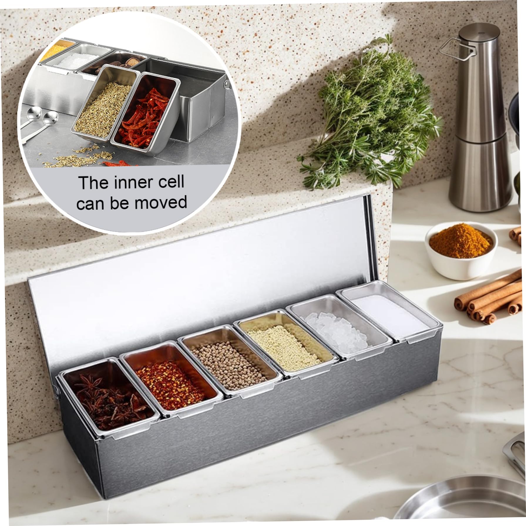Stazione per Topping per Pizza 6x18x3, 5 Pollici, contenitori per condimenti a 6 Scomparti con 6 cucchiai, Scatola per spezie Rimovibile per Uso Alimentare per Cucina
