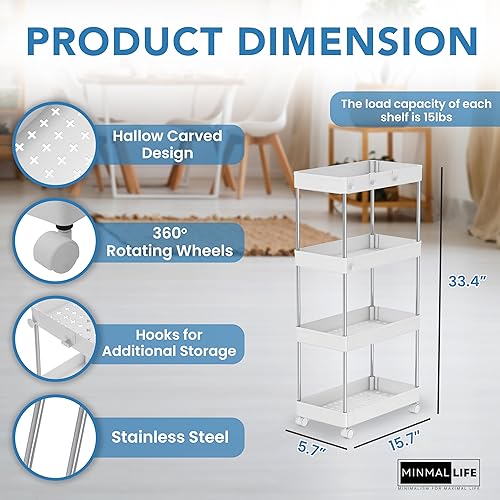 Miniatura 2 de Minmallfe - Carrito rodante de 4 niveles con ruedas, carrito de almacenamiento rodante como carrito de aperitivos, carrito de utilidad, estante de
