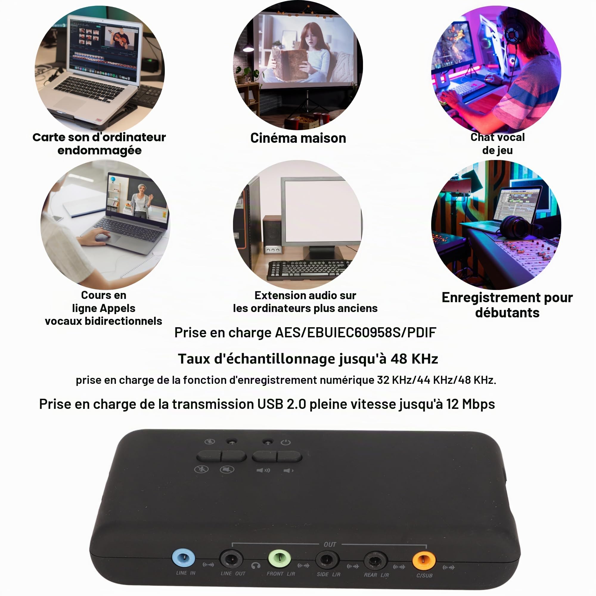USB 7.1 Carte Son Externe à 8 Canaux 12 Mbps USB Soundbox 32KHz / 44KHz / 48 KHz Entrée en Double Microphone Stéréo pour Ordinateur Portable PC