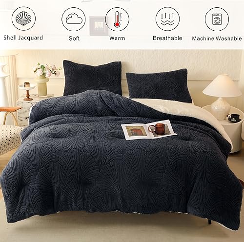 Miniatura 3 de Seashell - Juego de edredón jacquard Sherpa cálido y acogedor de 3 piezas, tamaño matrimonialqueen, patrón geométrico con 2 fundas de almohada (90 x