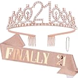 CAVETEE Rose Gold 21st Birthday Sash and Crown Set - Women's Birthday Queen Tiara and Sash