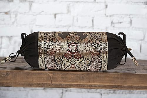 Indian Polydupion - Fundas de almohada cilíndricas de tubo cilíndrico negro jacquard brocado borde pavo real grande sofá redondo fundas de cojín