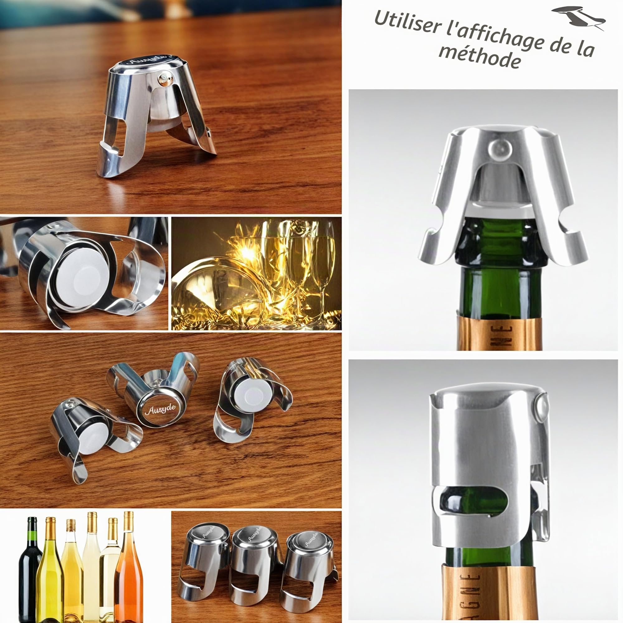 Bouchons à champagne vin acier inoxydable lot de 3 Ausyde