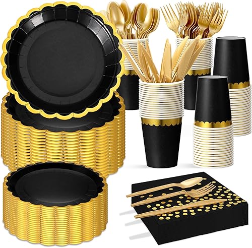 Juego de vajilla desechable de 700 piezas, platos y servilletas, suministros para fiesta, 100 invitados, platos de borde dorado, vasos, cuchillos de