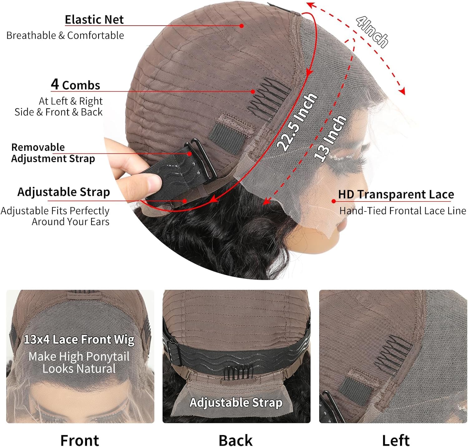 RXY Deep Wave Human Hair Wig 13x4 Lace Front Wigs Human Hair Natural Color 100% Real Hair Wigs for Women 180% Density Pre Plucked with Baby Hair Natural Hairline 16Inch - Image 4