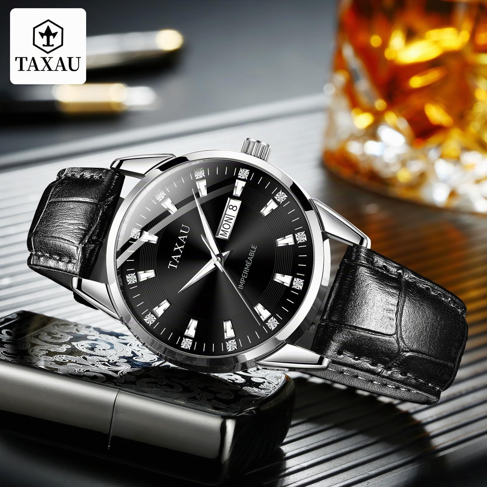 Taxau Montre classique en cuir pour homme - Analogique - Grand cadran - Montre de luxe étanche - Date de jour - Reloj para hombre