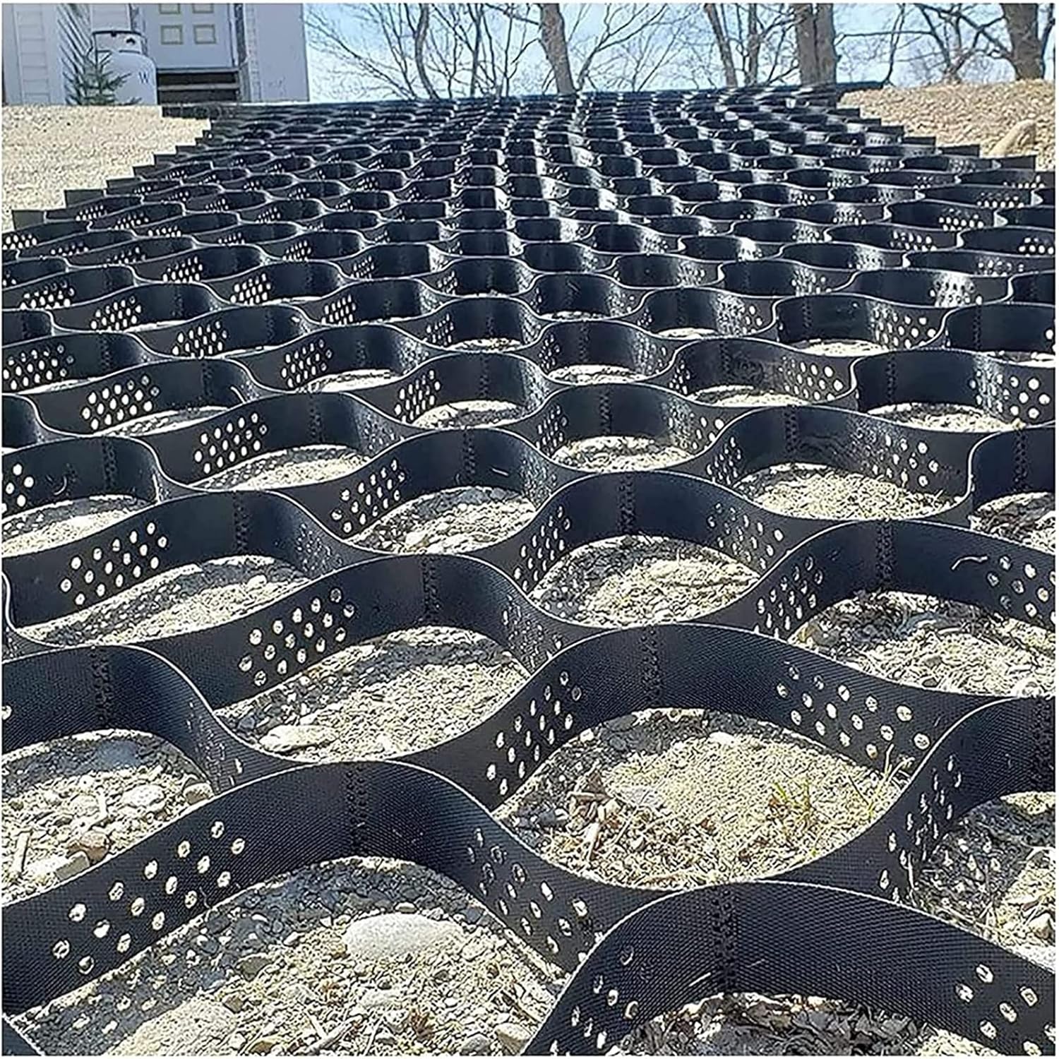 Garden Pathways Ground Grid Stabilizer Geogrid，(en:Heavy Duty Driveway Stabilizer Grid for Gravel/Soil Filling 4x9m/13x30ft Durable Slopes Geo Grid for Mud/Sand 2" Deep Honeycomb Mesh)
