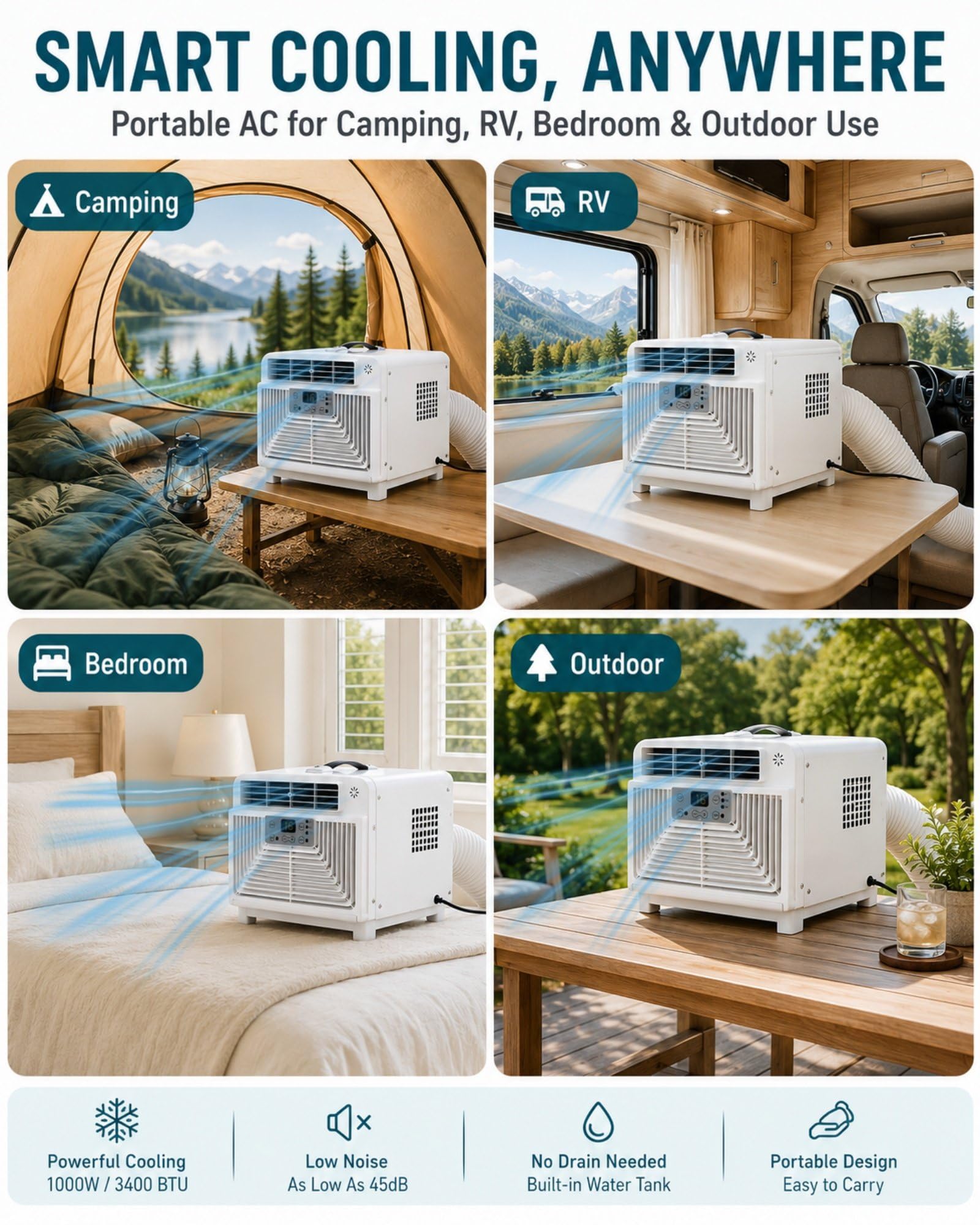 Aire Acondicionado Portátil con Tubo, Aire Acondicionado Portátil Oficina Dormitorio Mascotas, 4 Modos Frío Deshumidificador Ventilador 110V