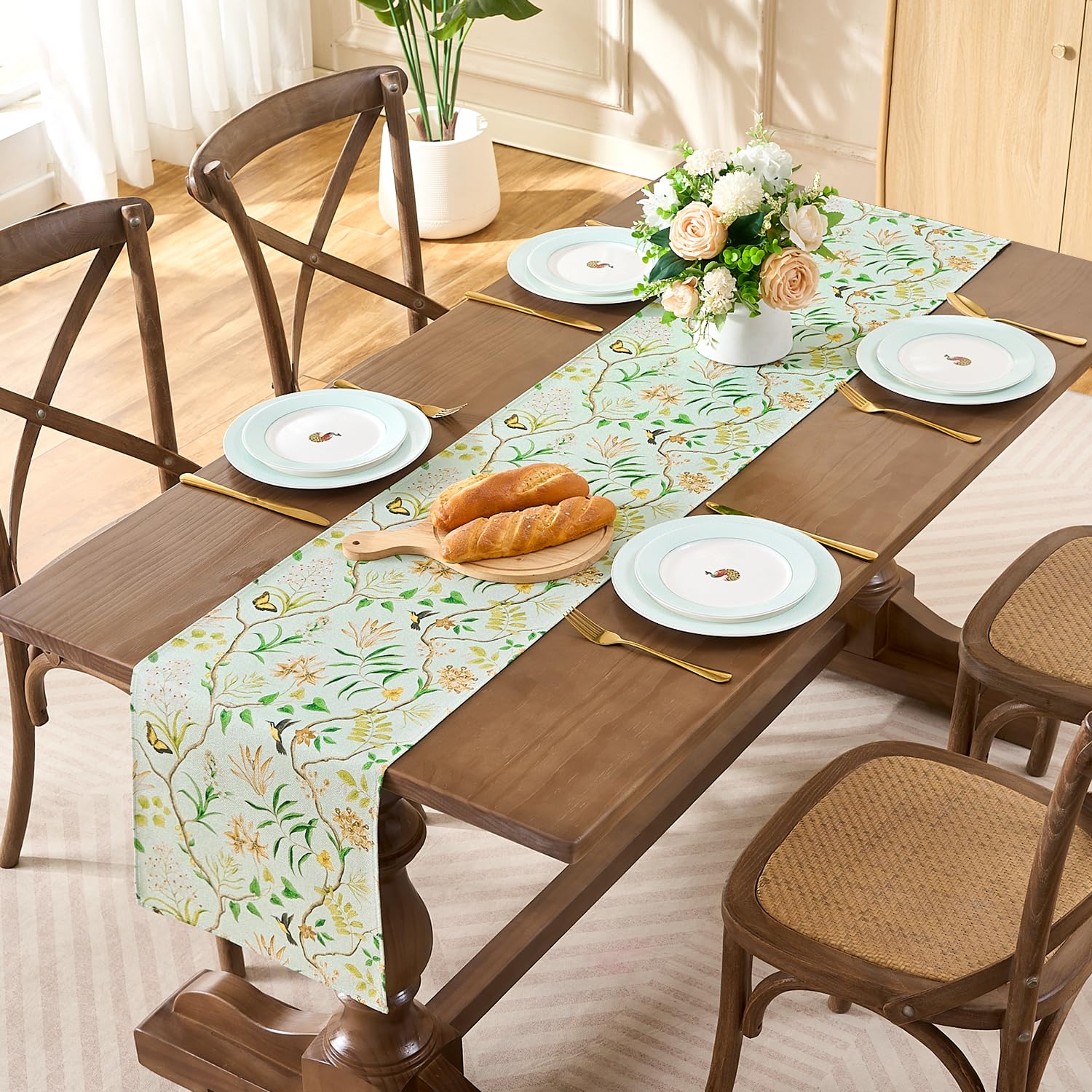 Tischläufer 33x183 cm Salbeigrün Frühling Blumen Blätter Vogel Schmetterling Tischband Deko, Tischläufer Saisonnal Sommer Küche Esstisch Dekoration Drinnen Urlaub Party Dekor, Waschbar Küche, Haushalt & Wohnen