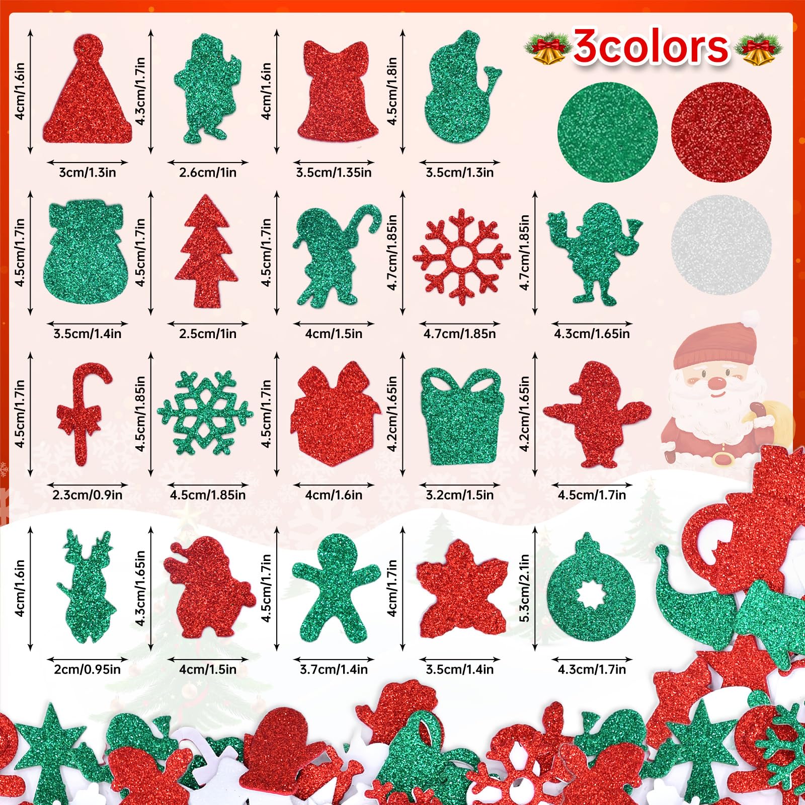300 Stück Weihnachts-Glitzer-Schaumstoff-Aufkleber, verschiedene Weihnachtsmann, Schneeflocke, Baum, Glocke, Geschenk und Weihnachtsform, Schaumstoff-Aufkleber, selbstklebend, für Kinder, Basteln,