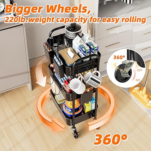 Miniatura 3 de Simple Trending Carrito de metal de 3 niveles con ruedas, carrito de almacenamiento resistente con 3 cajas y ganchos para la cocina para organizar
