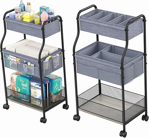 Organizador de pañales de bebé de 3 niveles y carrito de almacenamiento, carrito móvil de metal con ruedas giratorias para artículos esenciales de
