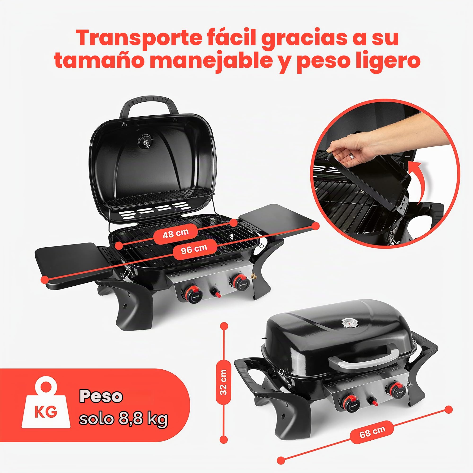 Barbacoa de gas ProfiCook® con 2 quemadores de acero inoxidable, barbacoa de mesa, barbacoa con robusto capó metálico e indicador de temperatura,barbacoa de gas pequeña para balcón/camping- PC GG 1261