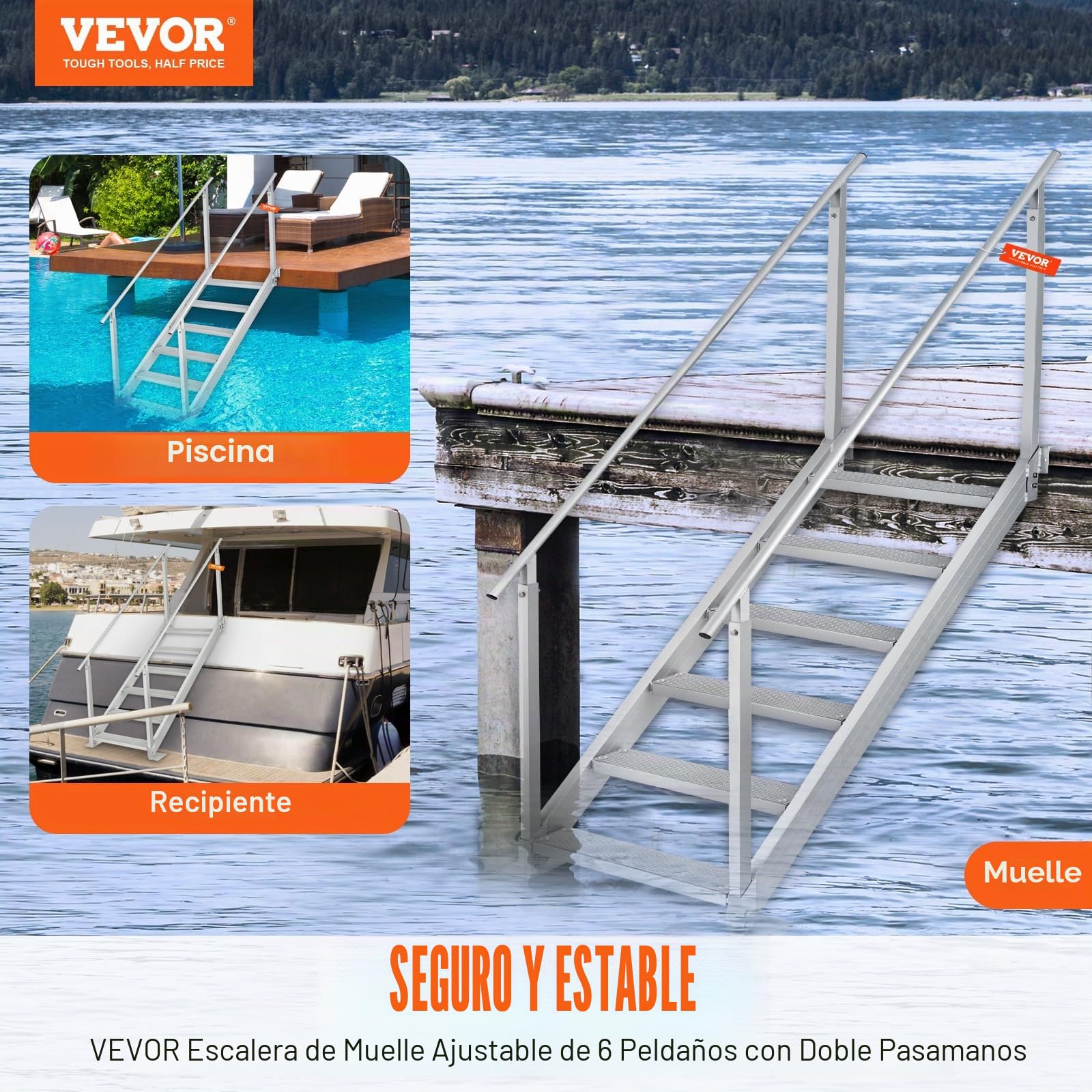 VEVOR Escalera de Muelle Altura Ajustable 109-130 cm Pontón Escalera para Barco 6 Escalones Aleación de Aluminio Carga 226 kg con Pasamanos Pedales Antideslizantes para Embarque en Barco, Piscina