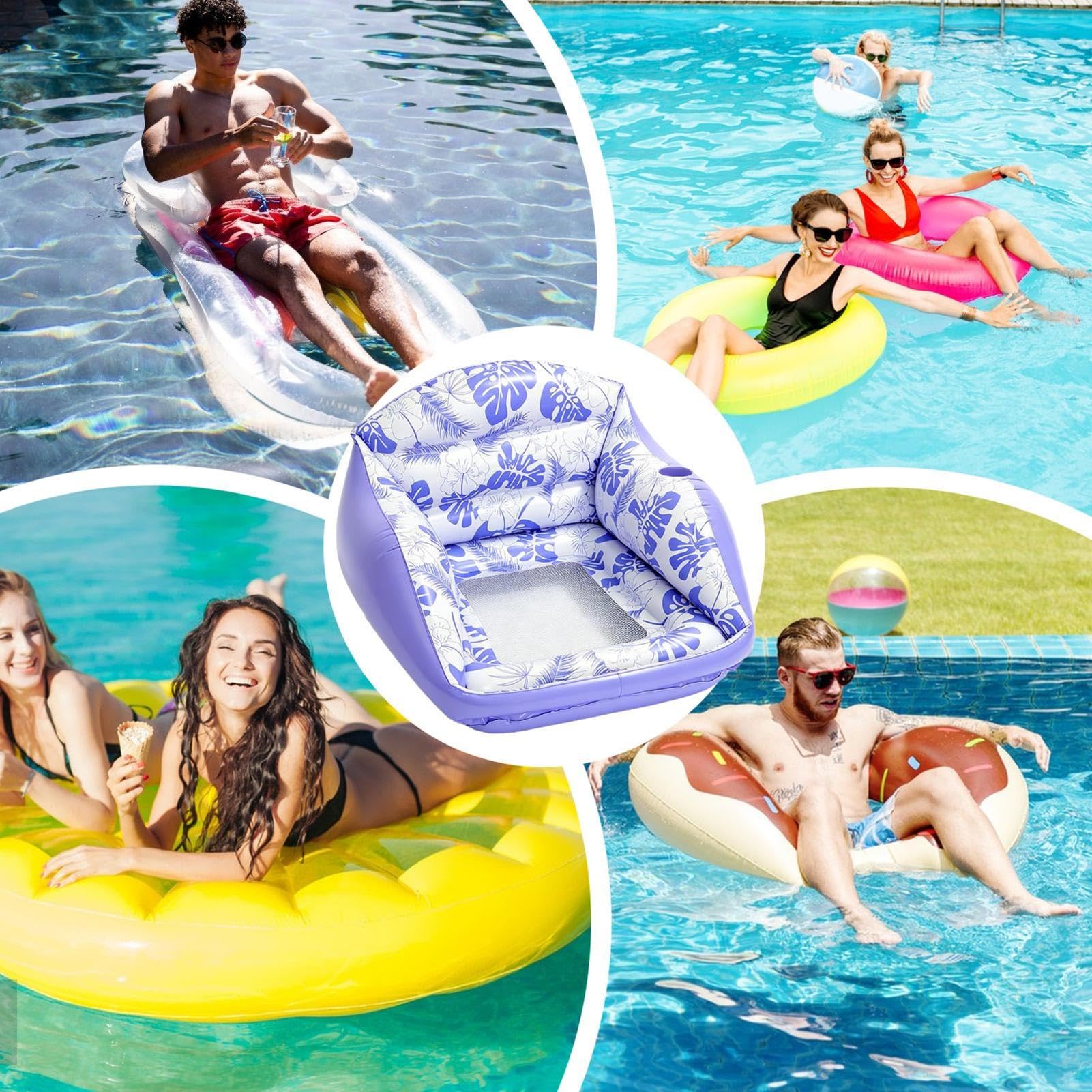 Flotadores de piscina para adultos, asiento inflable de malla con portavasos, silla flotante de piscina, tumbona de agua, para fiesta de verano, al aire libre, playa, viajes, río, lago, patio, camping