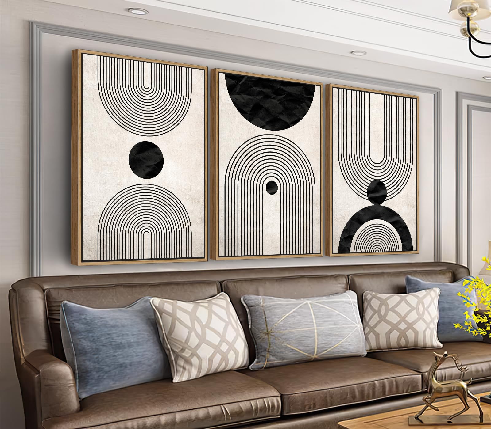 Framed Wall Art Canvas Set Mid Century Boho Pictures Modern Abstract Geometric Wall Decor Minimalist Black Beige Bohemian Canvas Painting Artwork for Living Room Bedroom Office 20"x28"x3 Natural