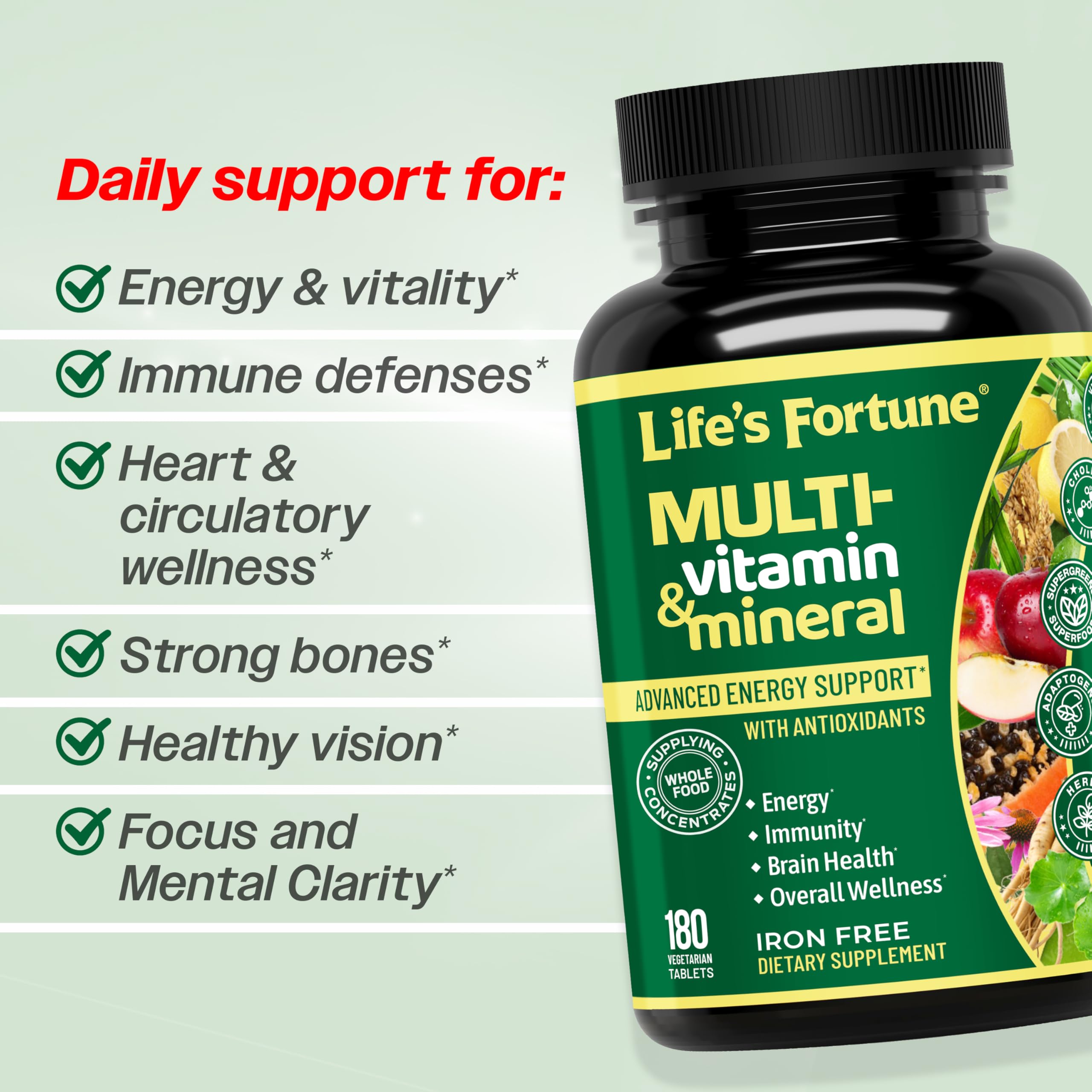 Life's Fortune Whole Food Multivitamin & Mineral Supplement for Men & Women – Energy Support Vitamins for Immune, Brain & Metabolism Support – Iron Free, 180 Vegetarian Tablets — Amazon image 3