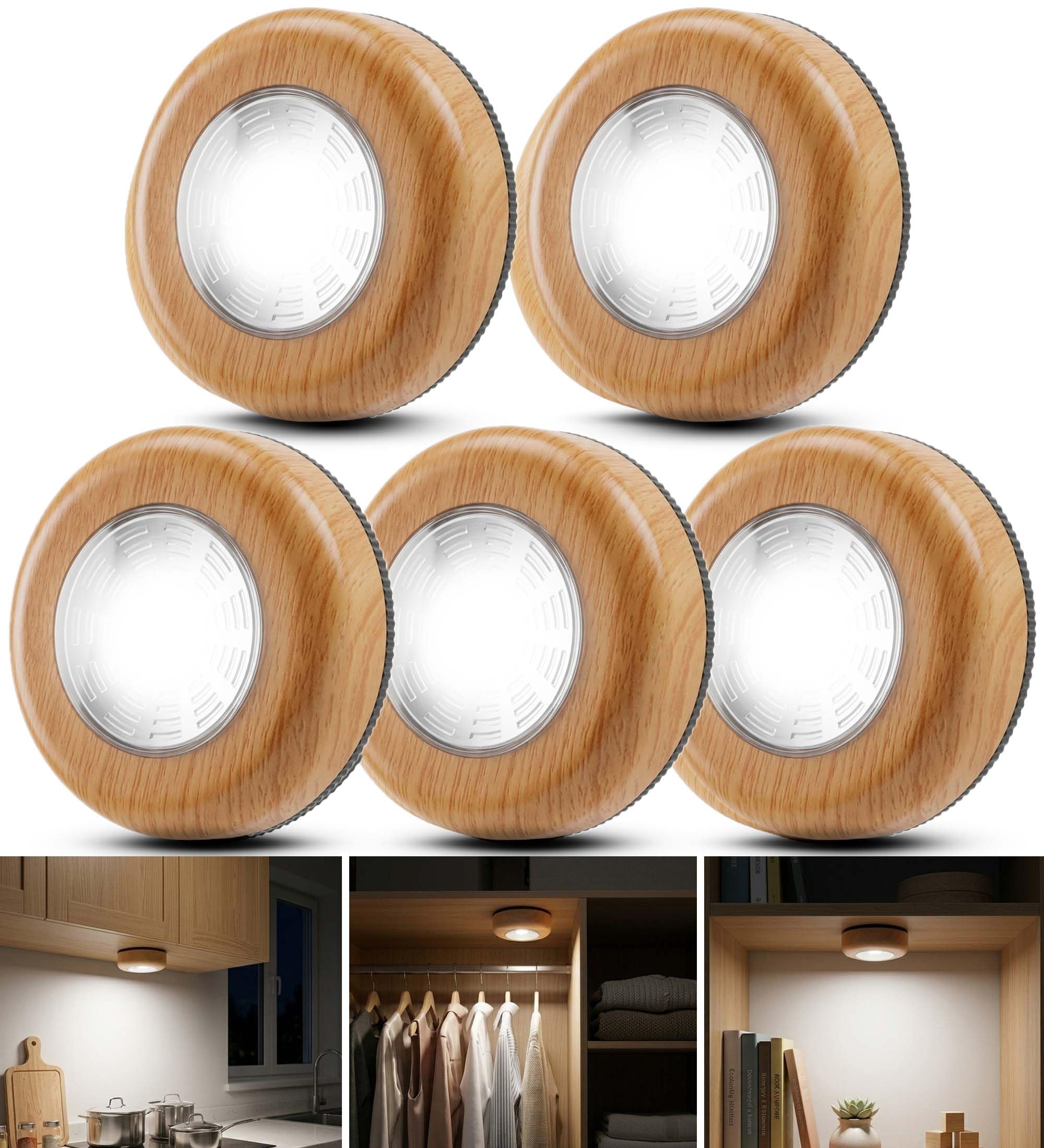 CTOCTOU Stick on Push Lights, 5 Pack Wood Effect Battery Operated Cupboard Wardrobe Light Self Adhesive LED Lights for Under Cupboards, Cabinets, Counters, Closets, Wardrobe, Kitchen, DIY Lighting