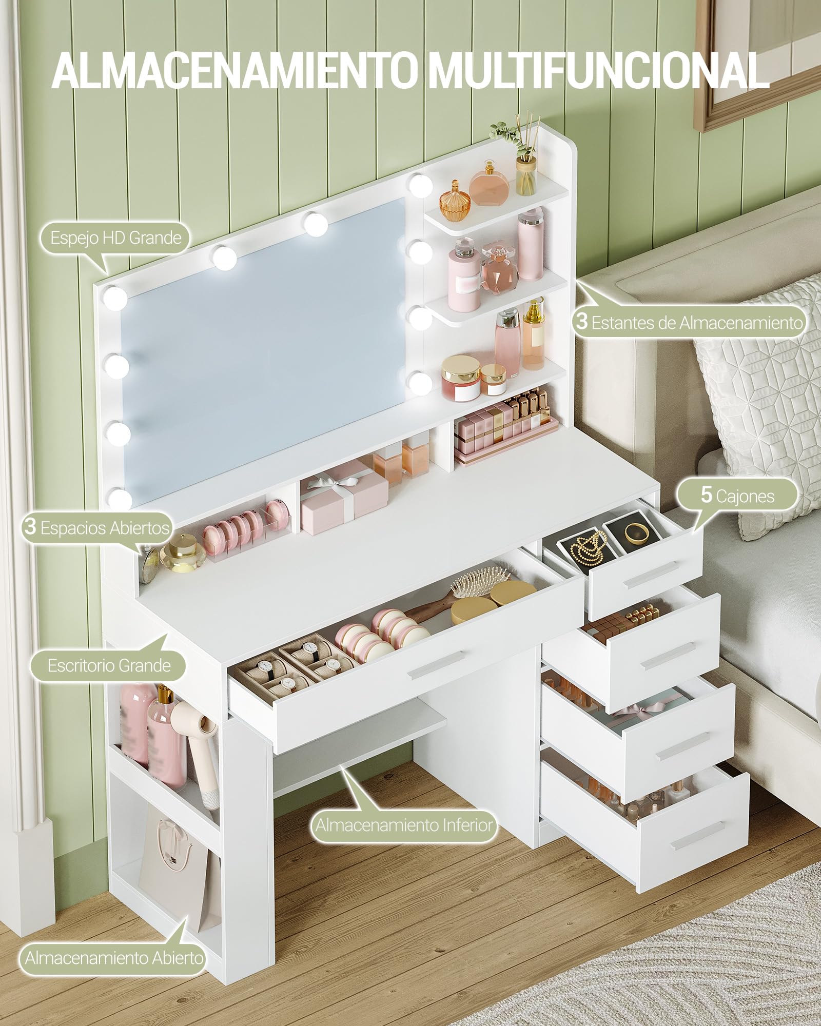 Hzuaneri 108 cm Tocador con Espejo HD Grande, tocador de Maquillaje con luz LED, 6 Compartimentos Abiertos, 5 cajones y Espacio de Almacenamiento Lateral, Blanco DT42603XEU