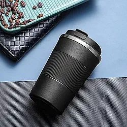 Caneca de café de viagem isolada, à prova de vazamento, de aço inoxidável, copo reutilizável com tampas para bebidas quentes e frias (preto, 340 g)