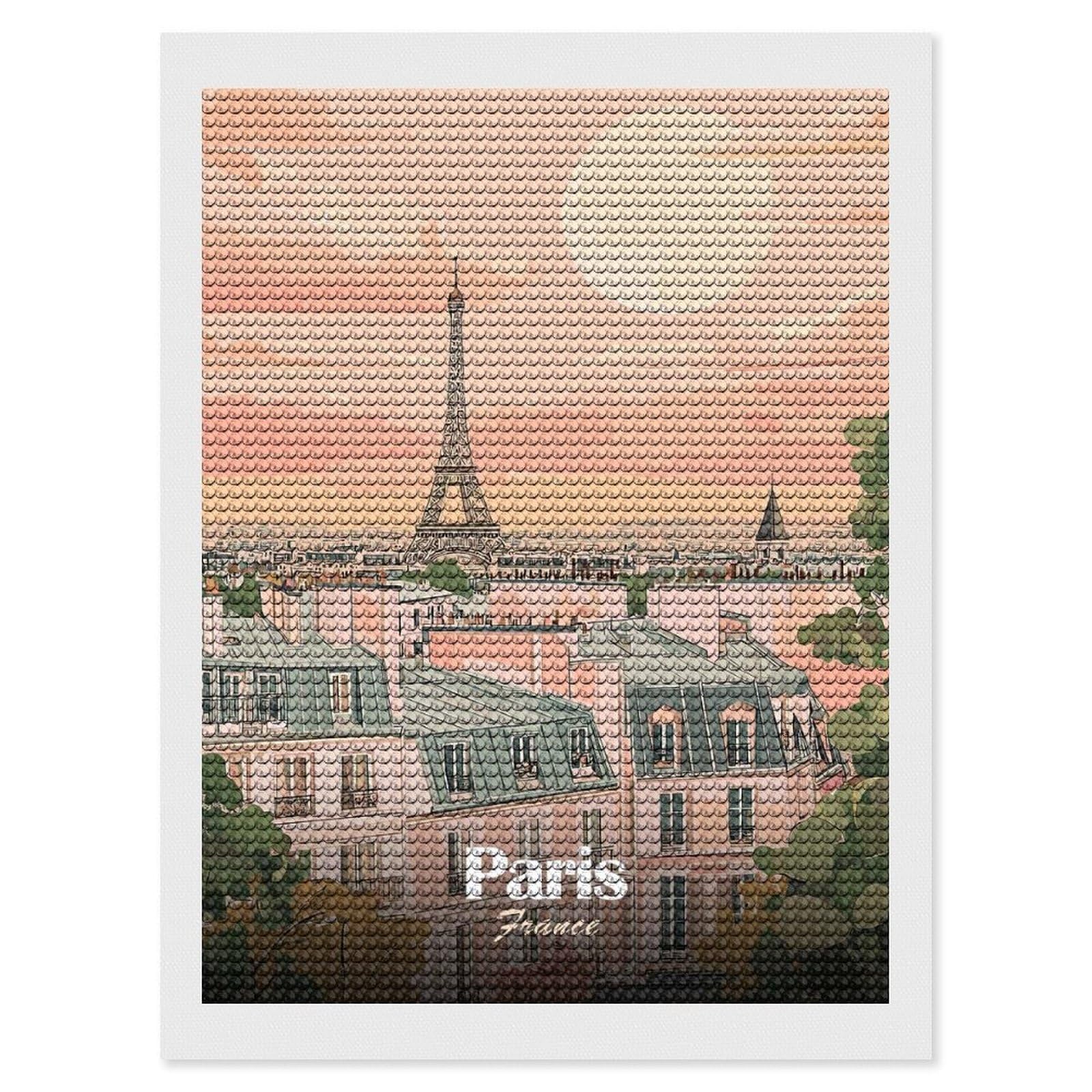 Junmoney Paris Skyline Illustration Diamond Art Kit 12"x16", Neat Printed Canvas, Finish and Display, Relaxing DIY Hobby, Living Room Decor