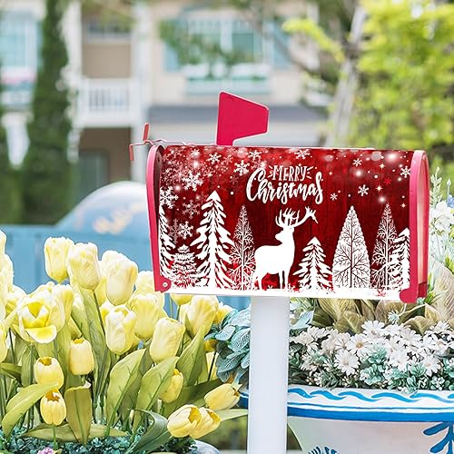 Miniatura 8 de Funda magnética para buzón de Navidad de 21 x 18 pulgadas, diseño de ciervos rojos, tamaño estándar, copos de nieve de invierno, pino, buzón,